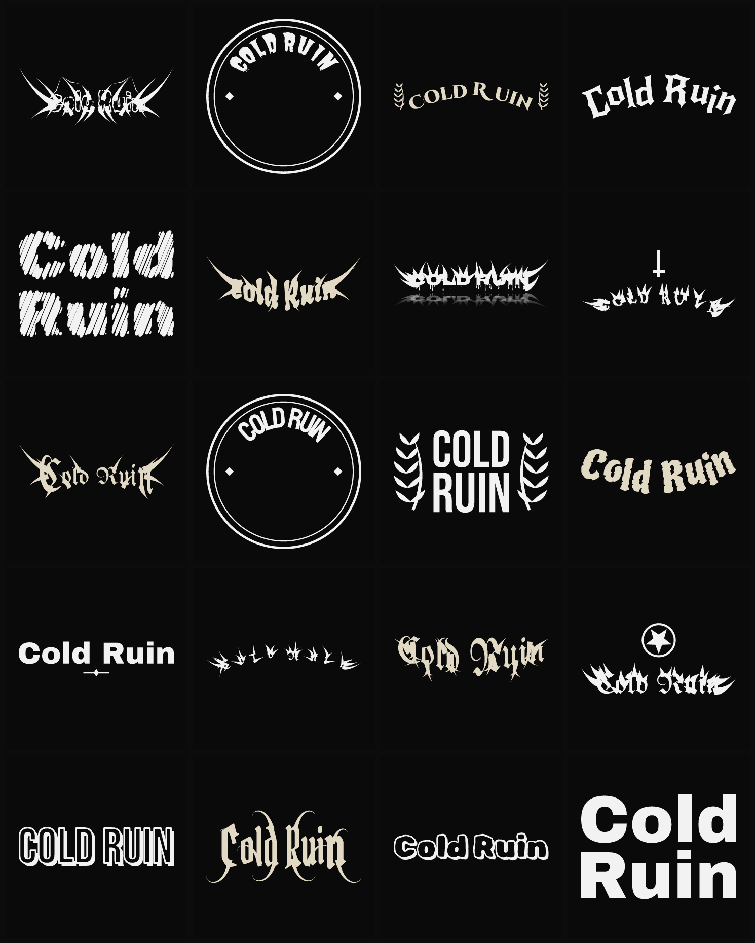 Twenty Cold Ruin band logo ideas — different faces, treatments and spike settings