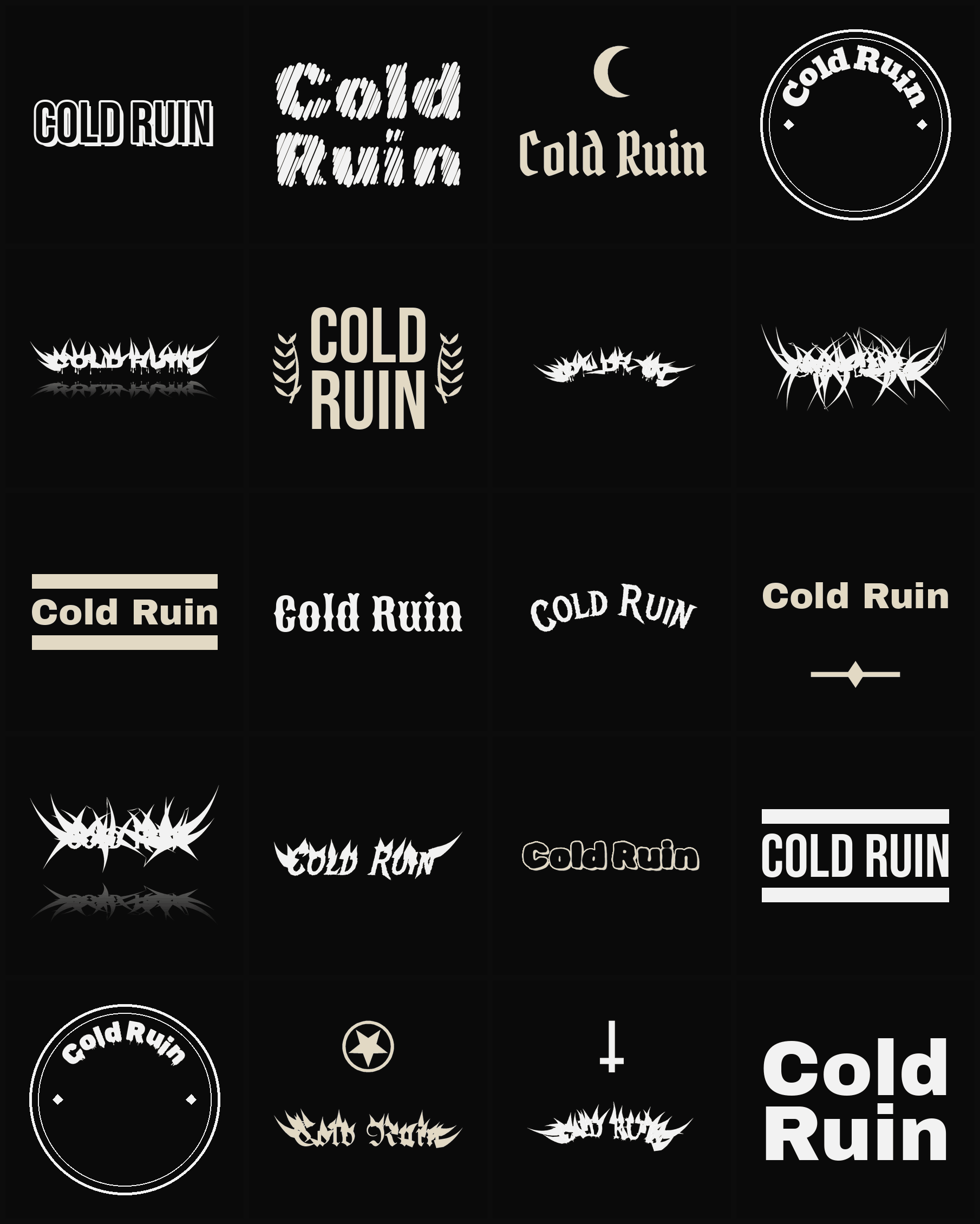 Twenty Cold Ruin band logo ideas — different faces, treatments and spike settings