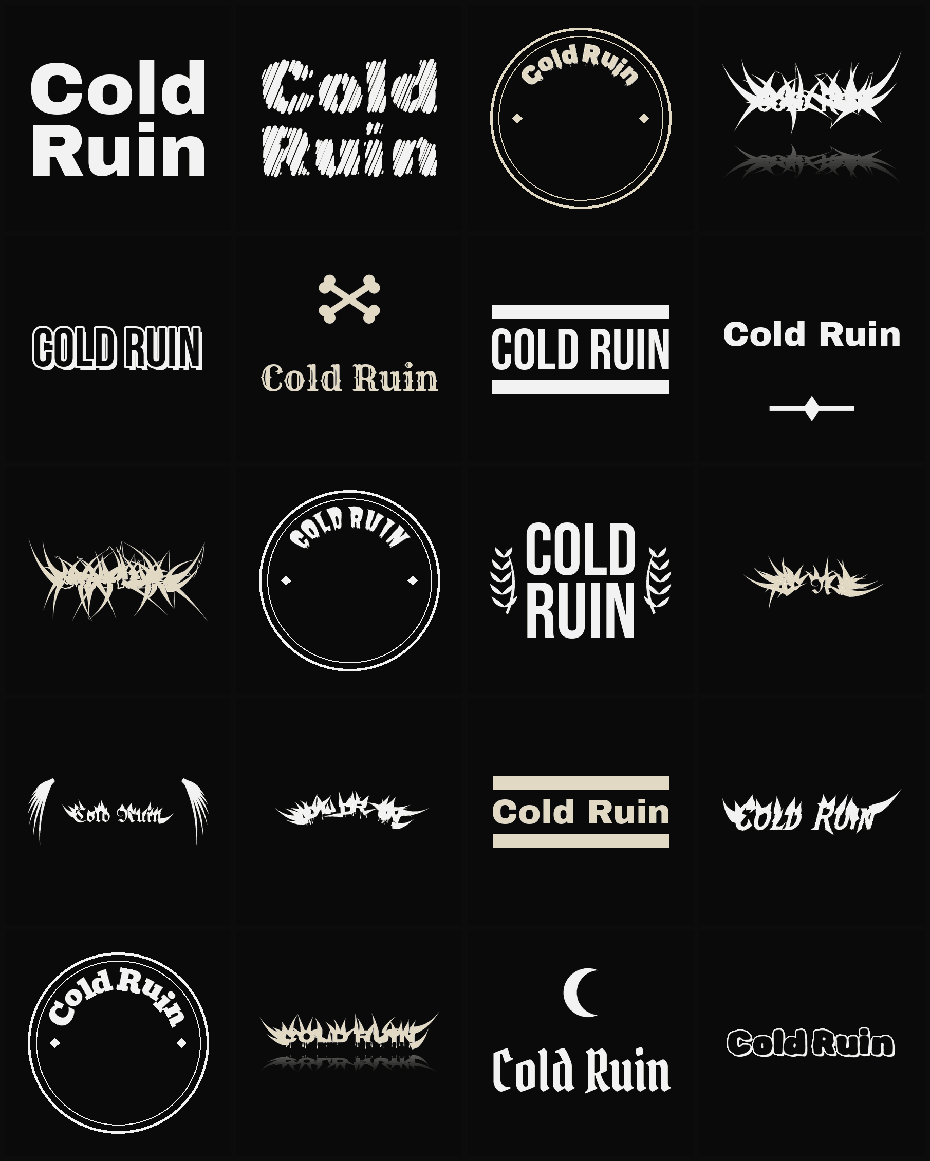 Twenty Cold Ruin band logo ideas — different faces, treatments and spike settings