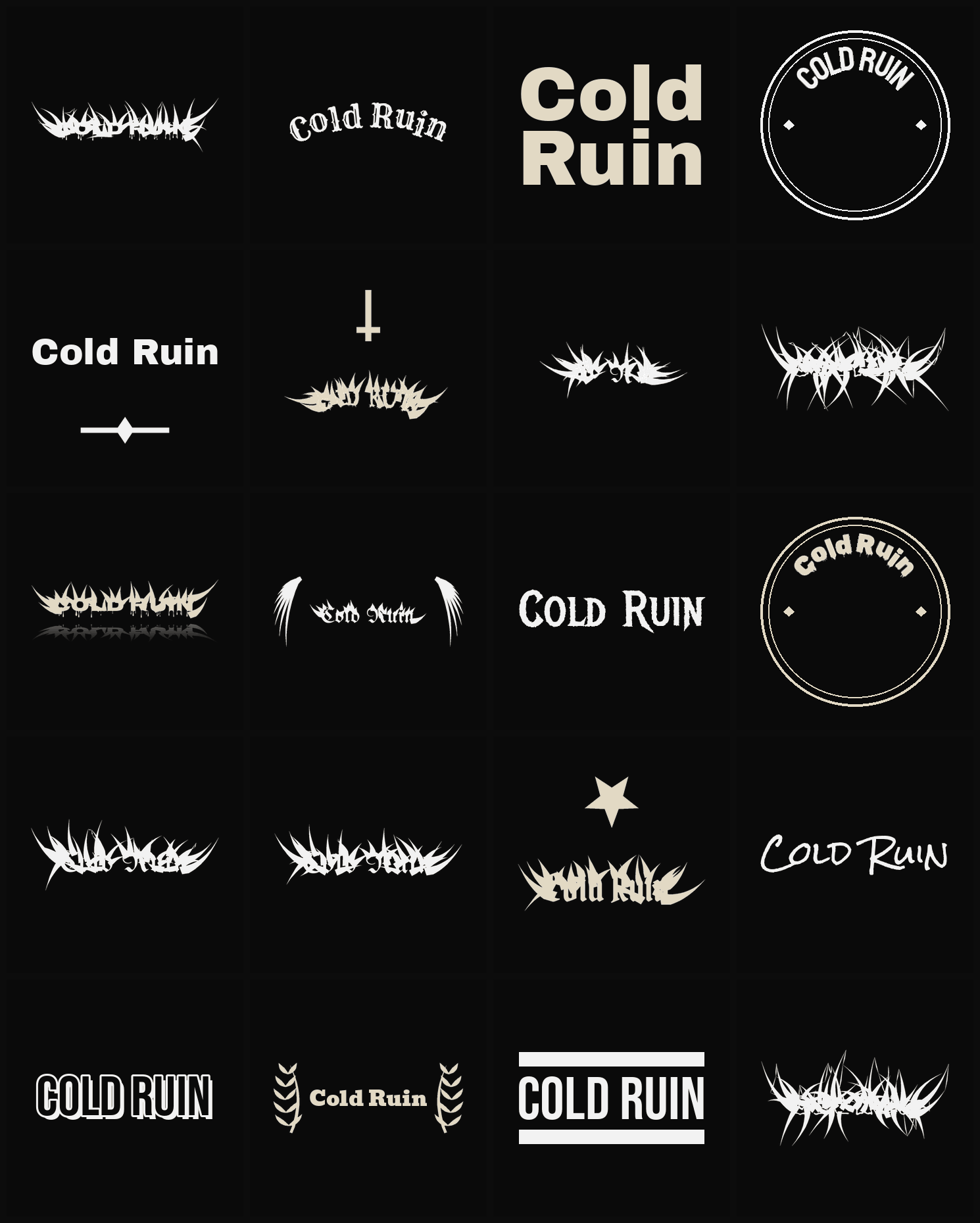 Twenty Cold Ruin band logo ideas — different faces, treatments and spike settings