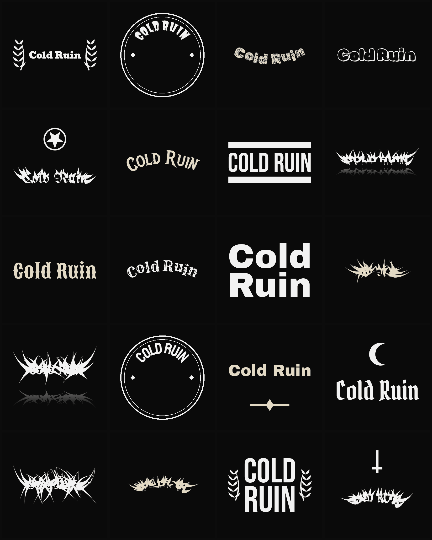 Twenty Cold Ruin band logo ideas — different faces, treatments and spike settings