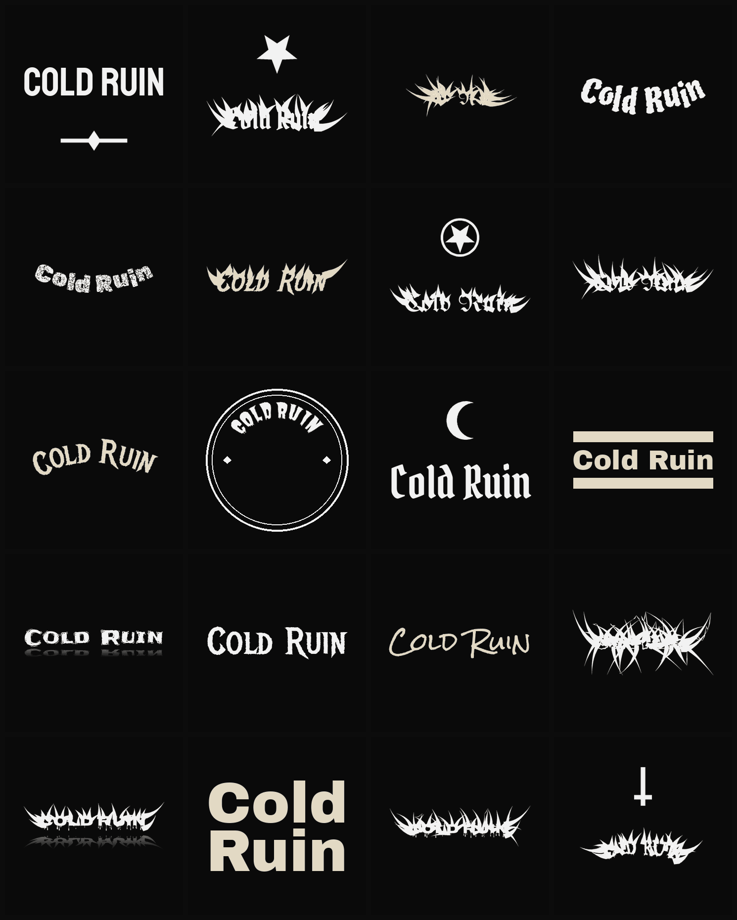 Twenty Cold Ruin band logo ideas — different faces, treatments and spike settings