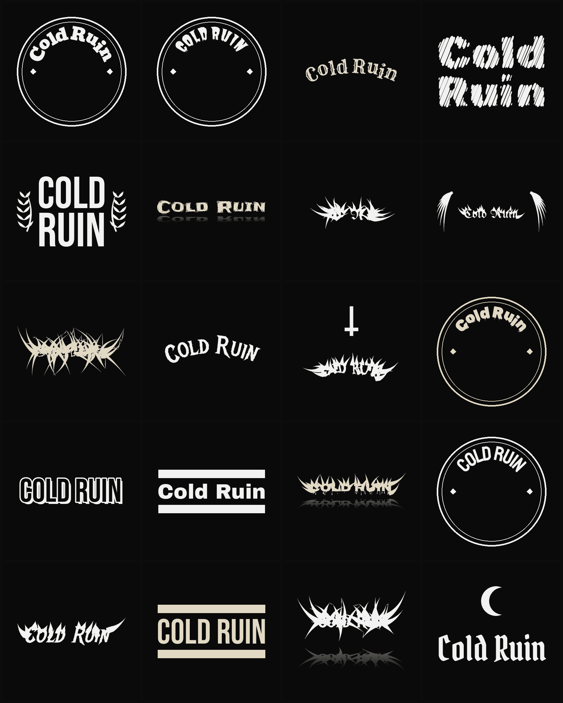 Twenty Cold Ruin band logo ideas — different faces, treatments and spike settings