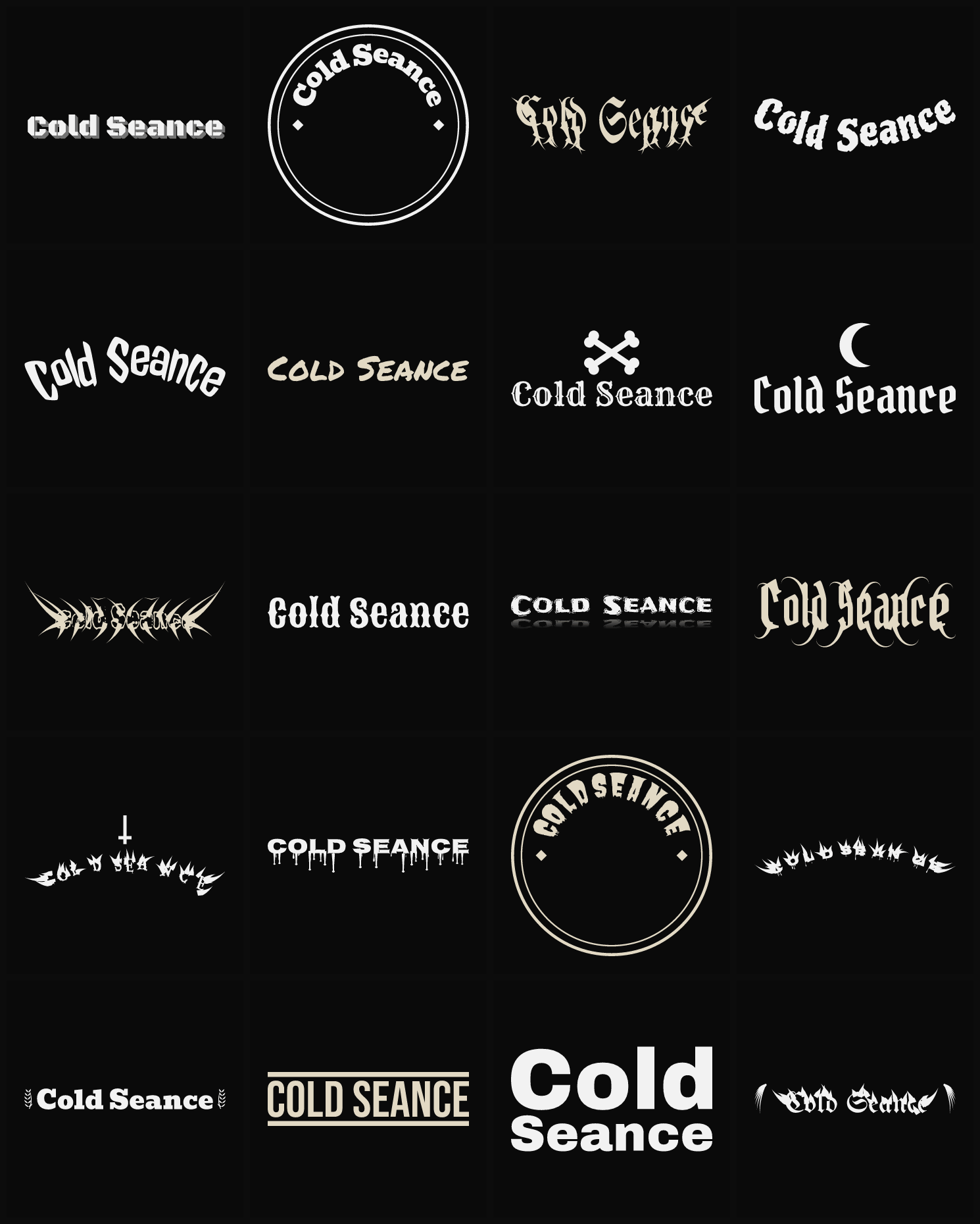 Twenty Cold Seance band logo ideas — different faces, treatments and spike settings