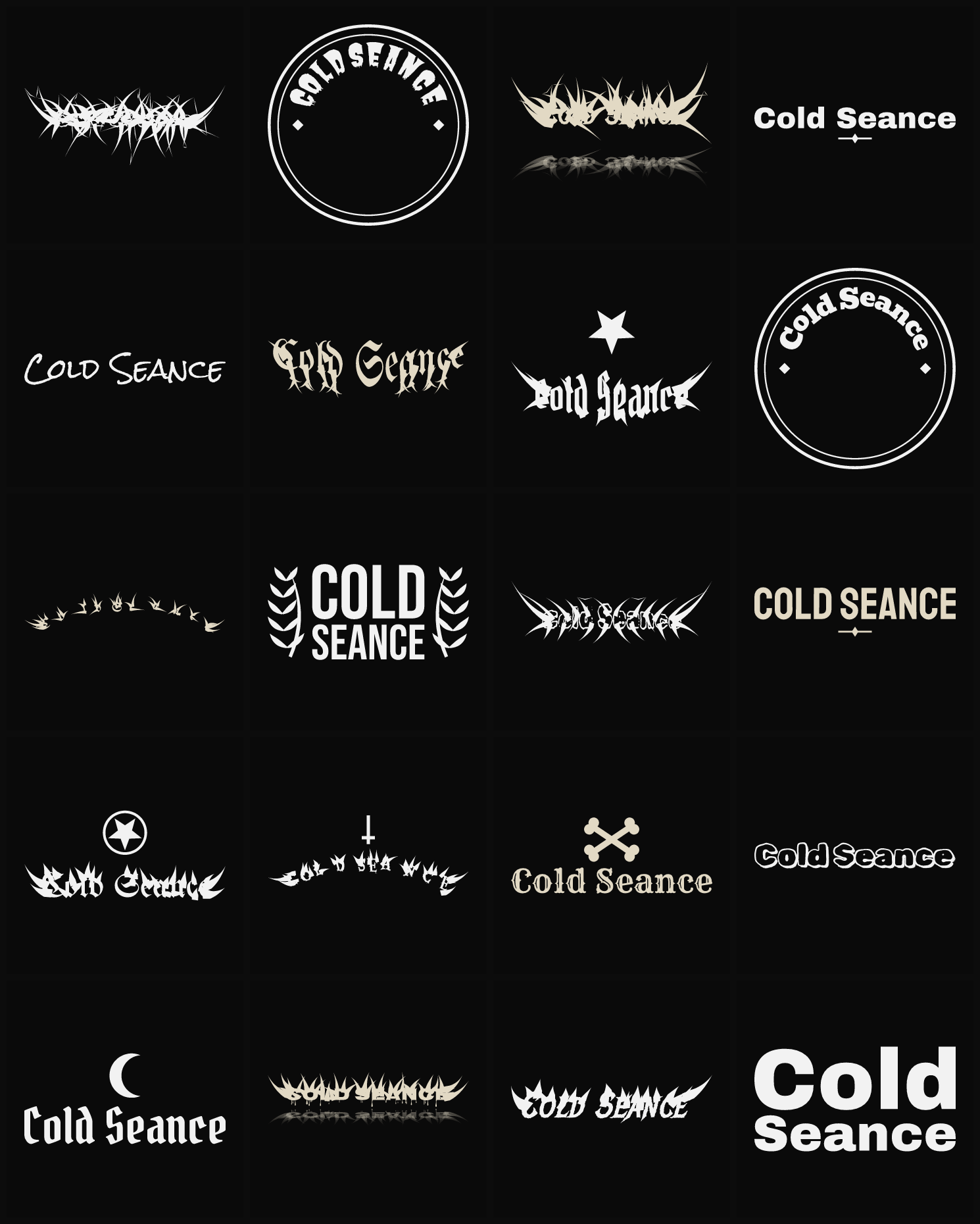 Twenty Cold Seance band logo ideas — different faces, treatments and spike settings