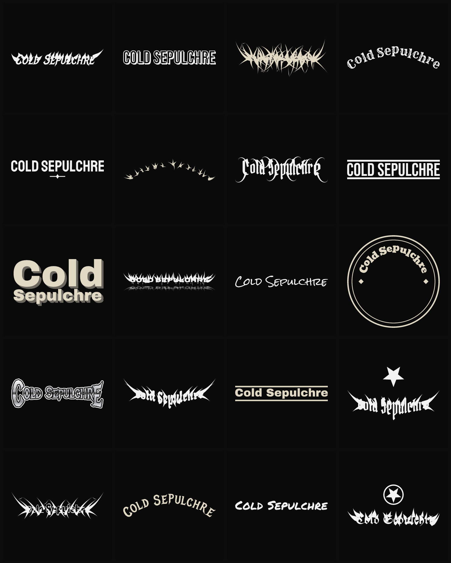 Twenty Cold Sepulchre band logo ideas — different faces, treatments and spike settings