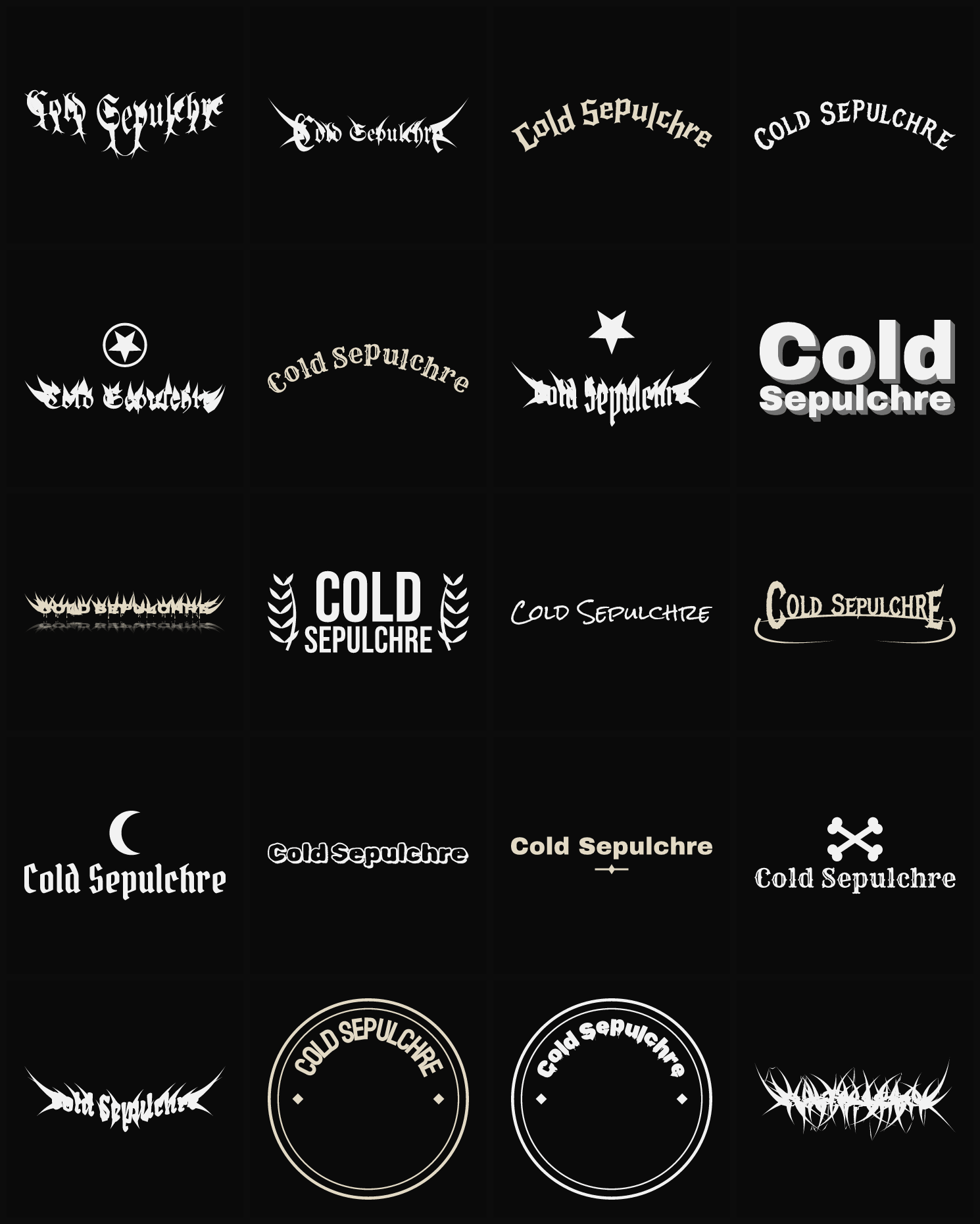 Twenty Cold Sepulchre band logo ideas — different faces, treatments and spike settings