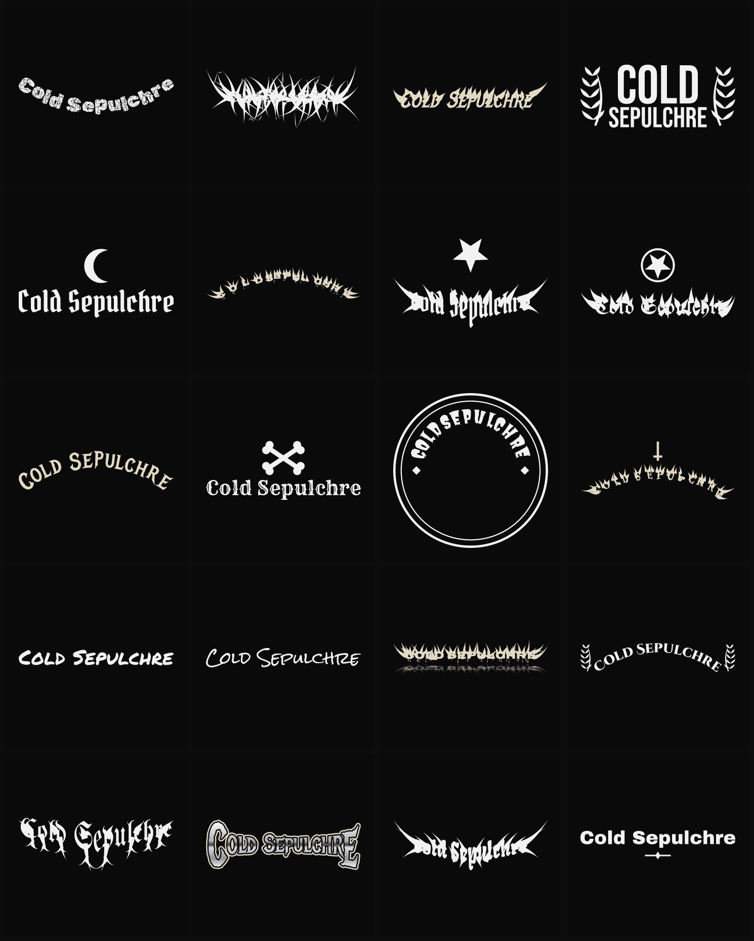 Twenty Cold Sepulchre band logo ideas — different faces, treatments and spike settings