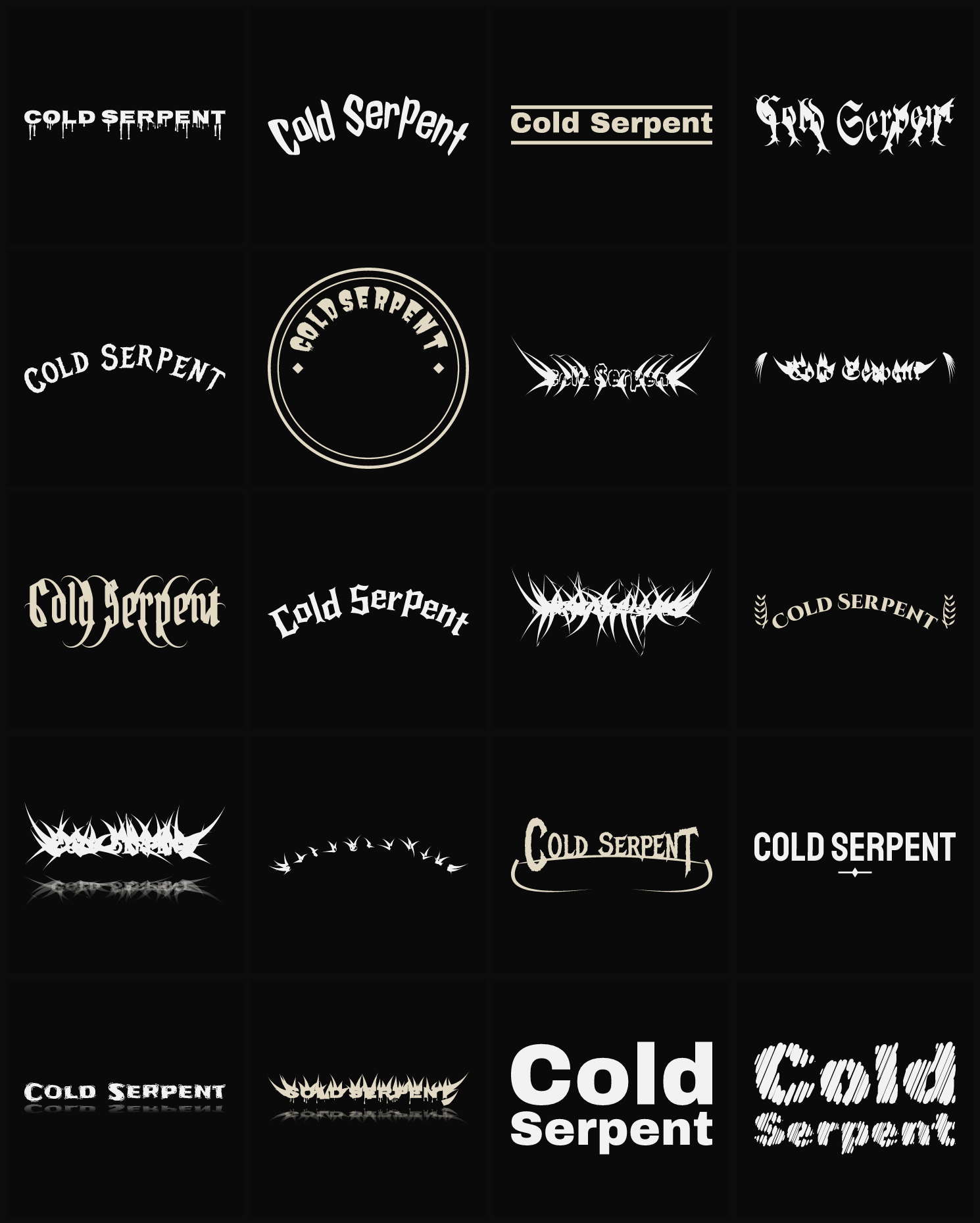 Twenty Cold Serpent band logo ideas — different faces, treatments and spike settings