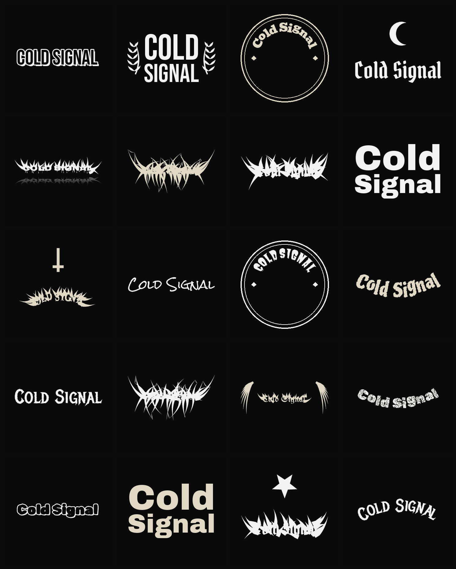Twenty Cold Signal band logo ideas — different faces, treatments and spike settings