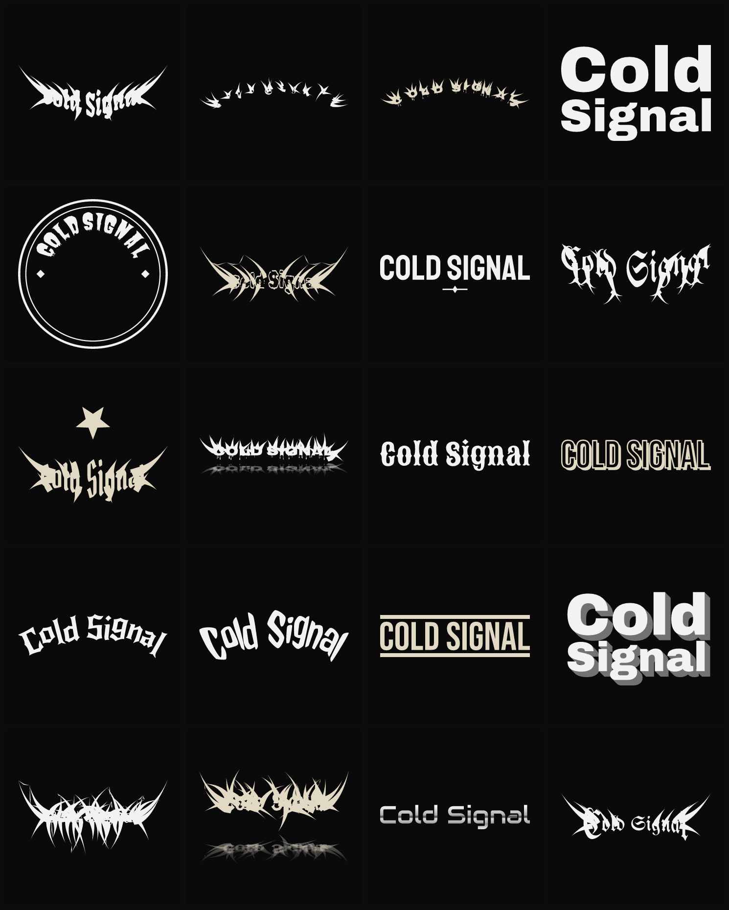 Twenty Cold Signal band logo ideas — different faces, treatments and spike settings