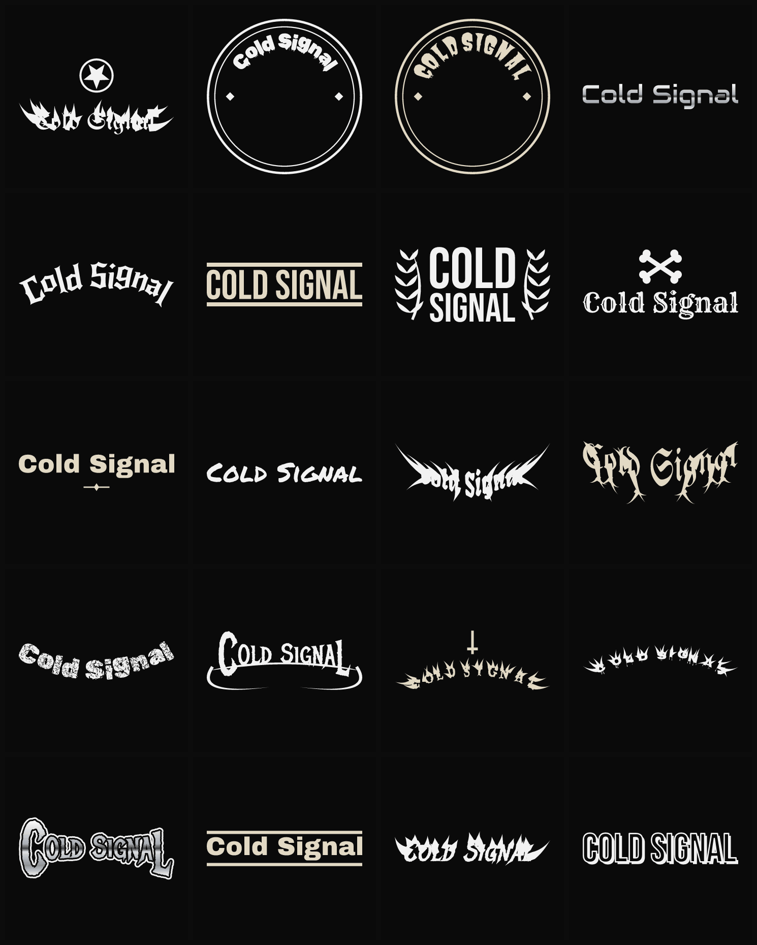 Twenty Cold Signal band logo ideas — different faces, treatments and spike settings