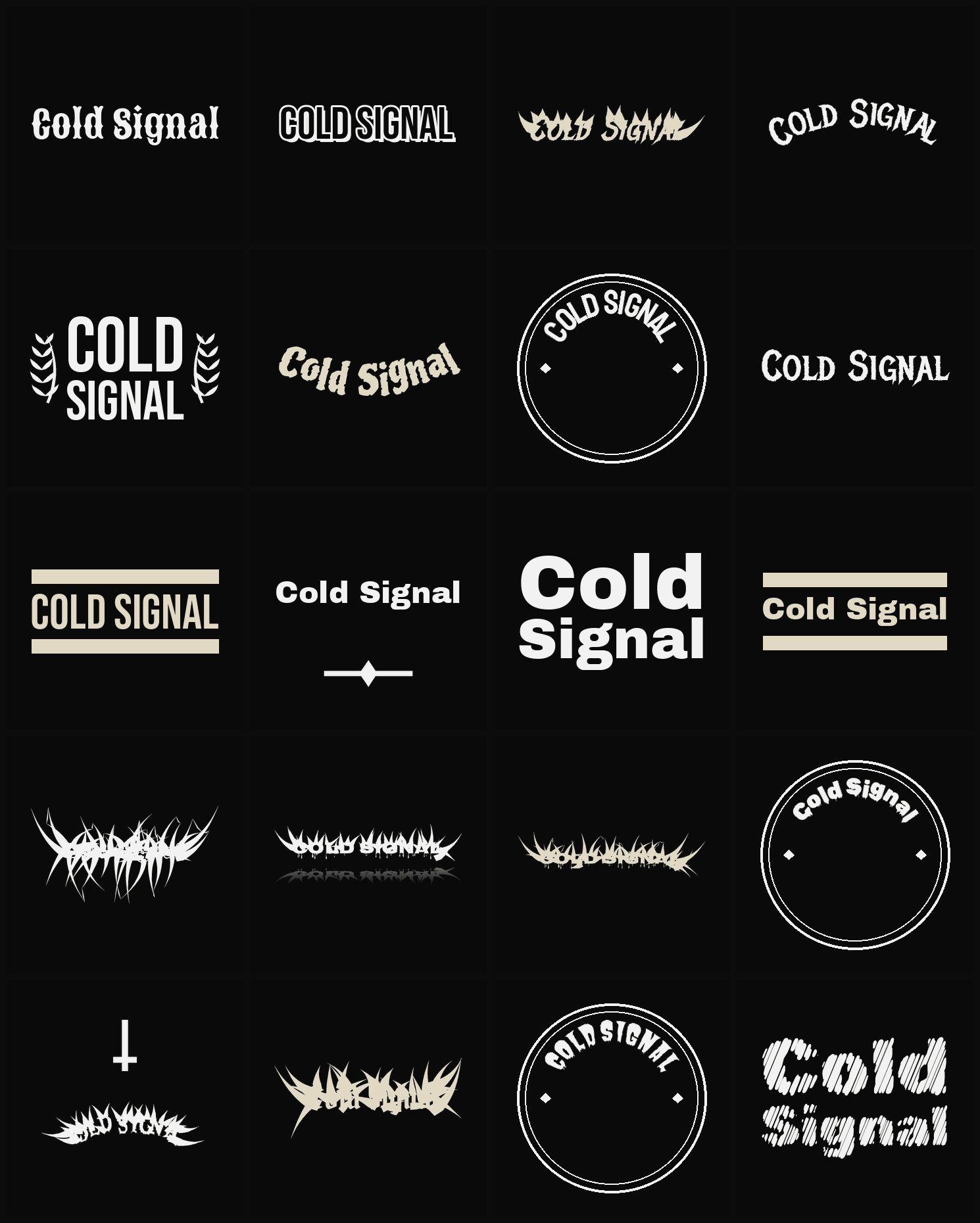 Twenty Cold Signal band logo ideas — different faces, treatments and spike settings