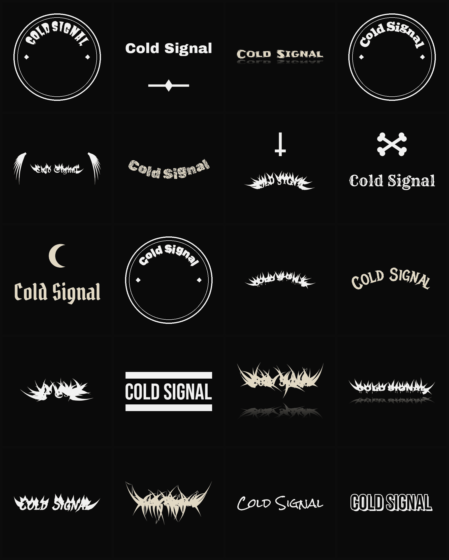 Twenty Cold Signal band logo ideas — different faces, treatments and spike settings