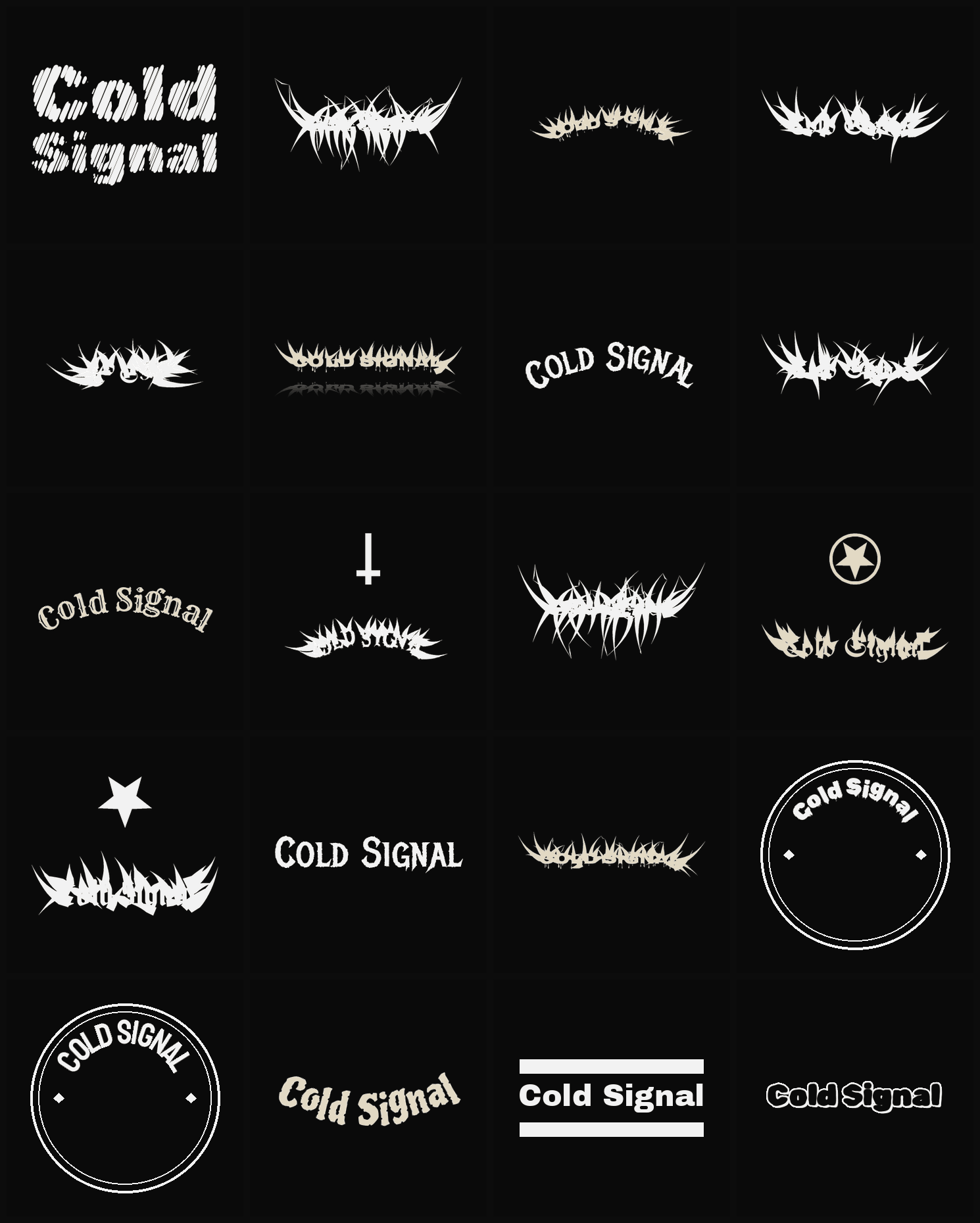 Twenty Cold Signal band logo ideas — different faces, treatments and spike settings