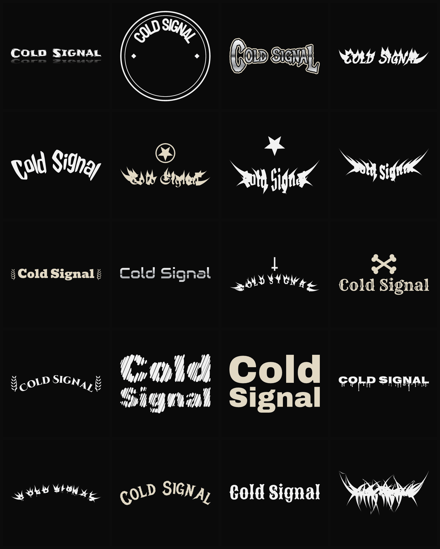 Twenty Cold Signal band logo ideas — different faces, treatments and spike settings