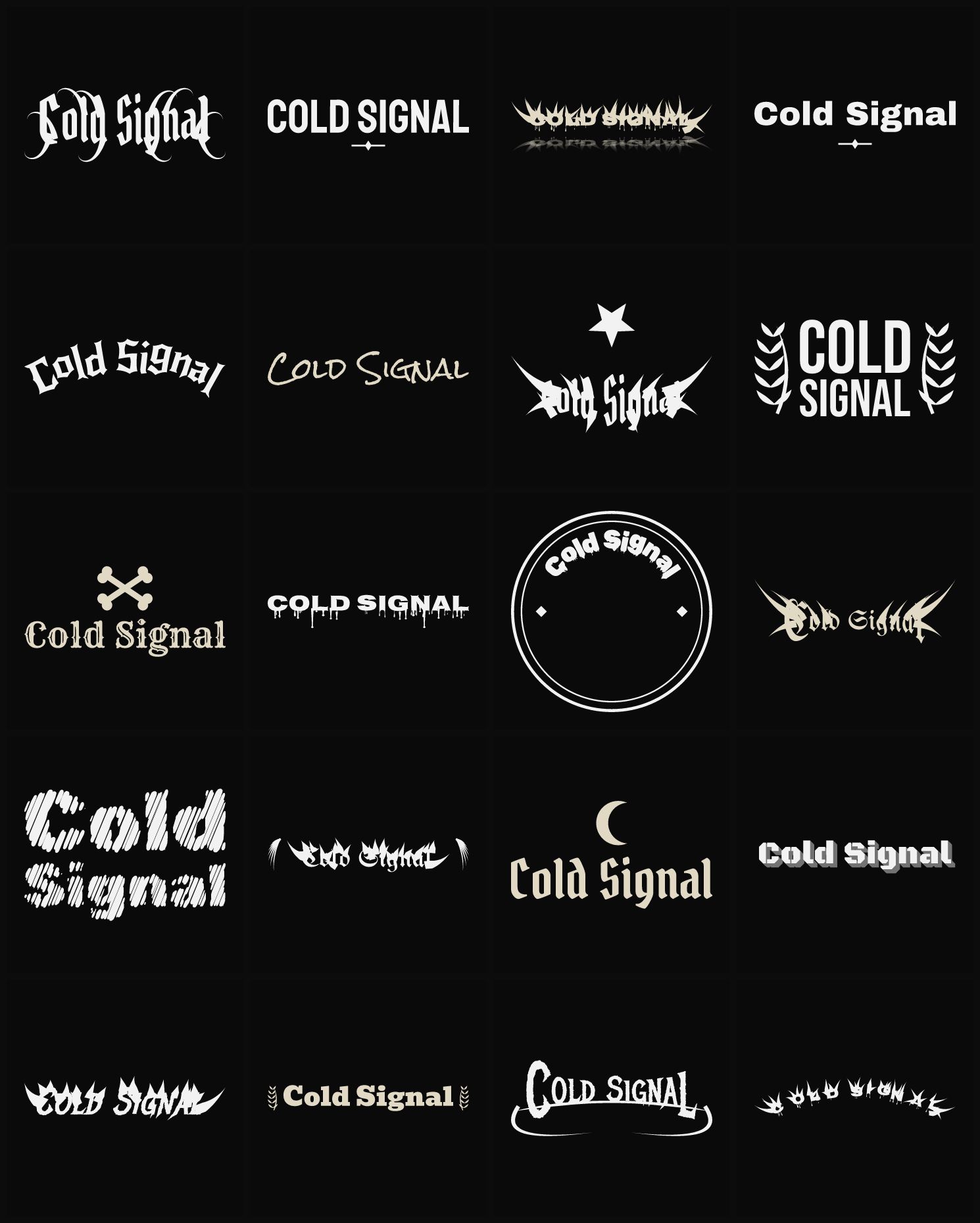Twenty Cold Signal band logo ideas — different faces, treatments and spike settings