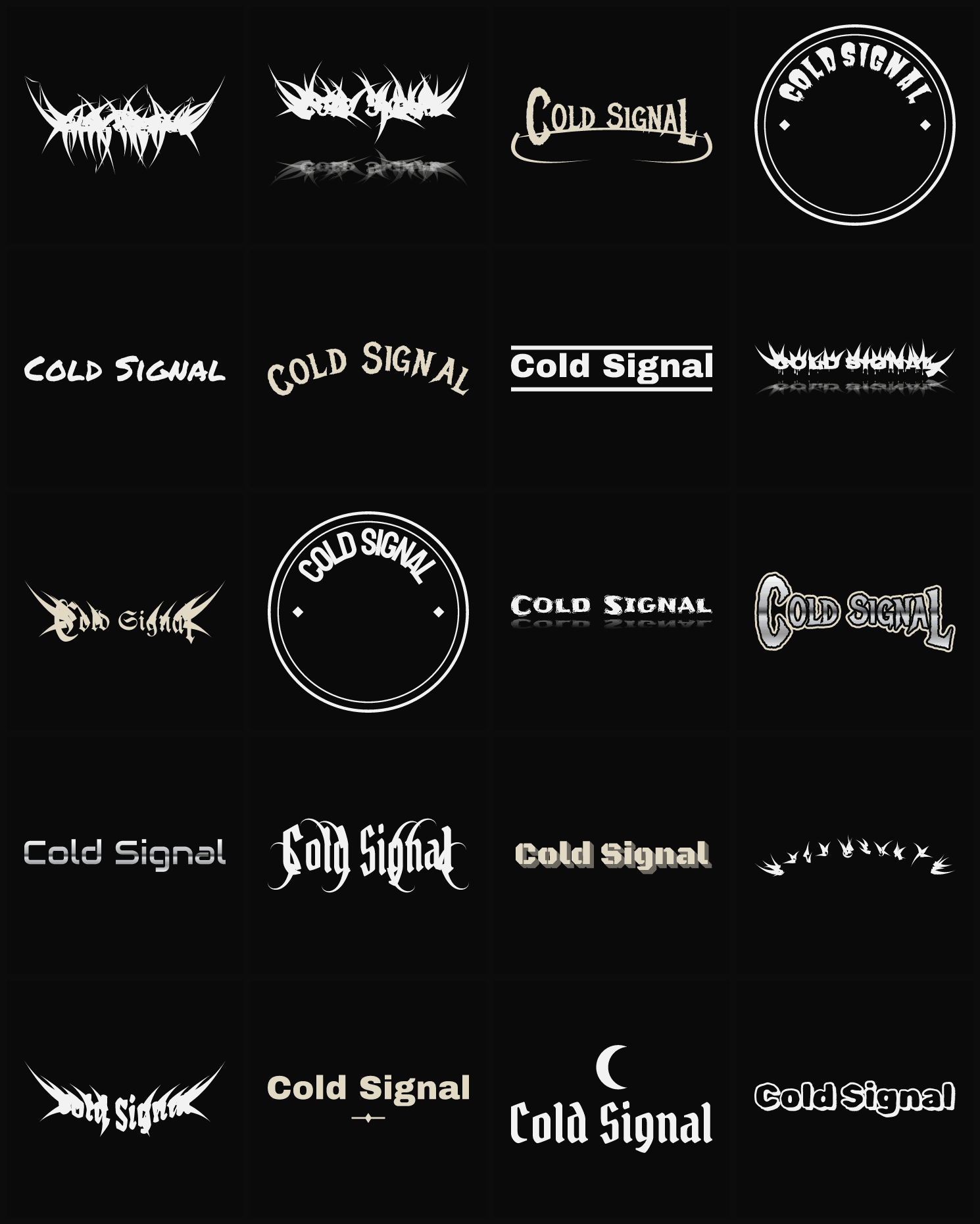 Twenty Cold Signal band logo ideas — different faces, treatments and spike settings