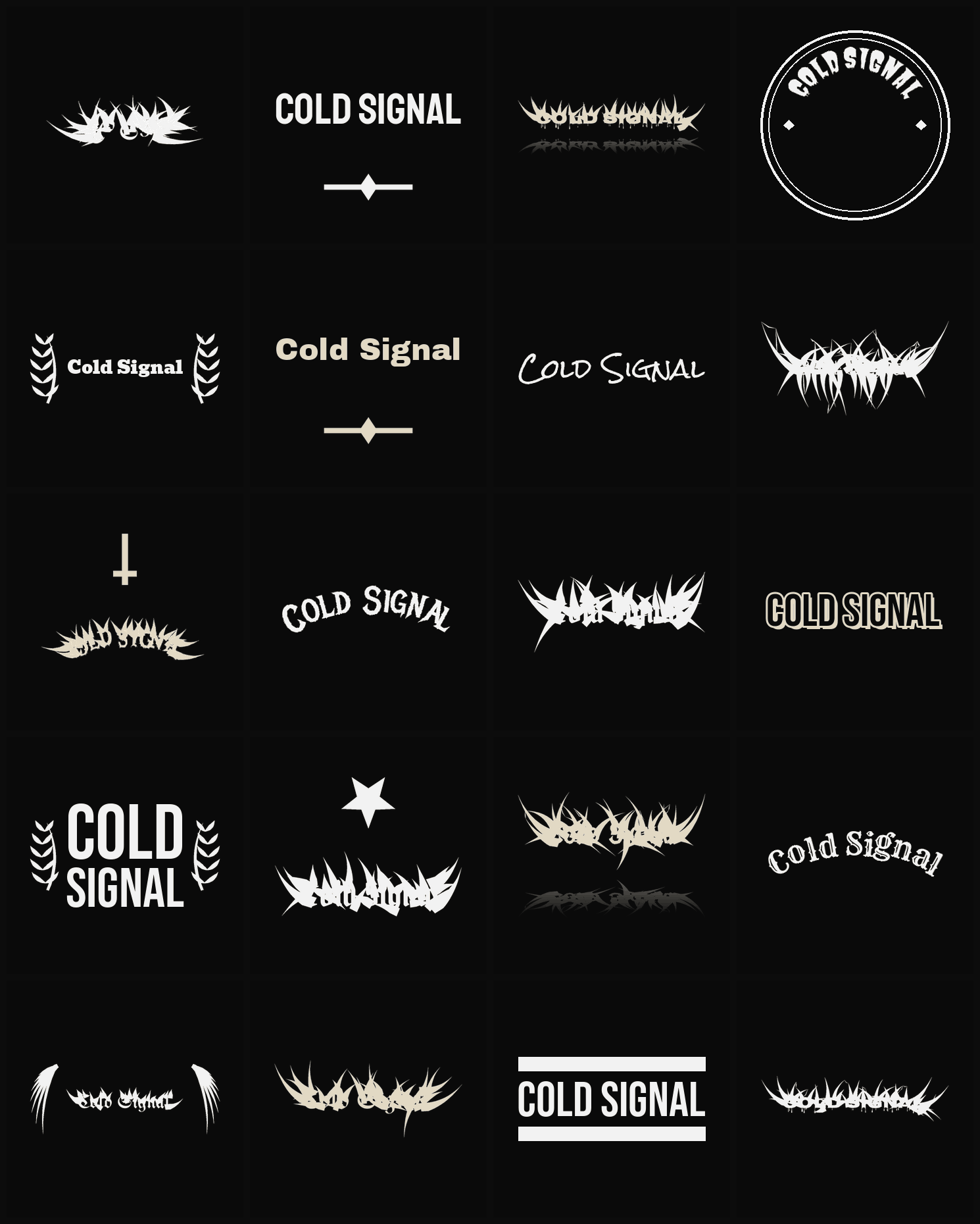 Twenty Cold Signal band logo ideas — different faces, treatments and spike settings
