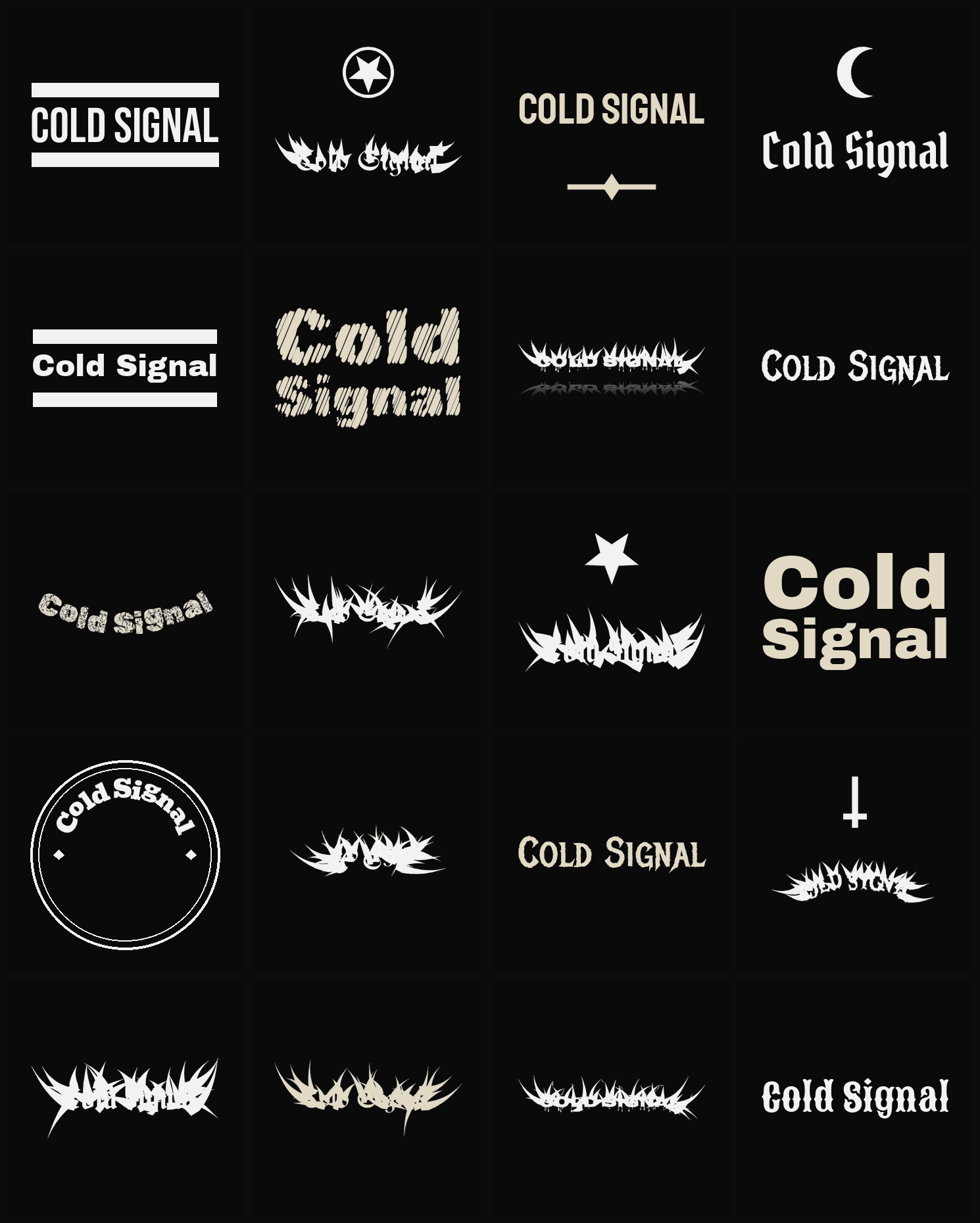 Twenty Cold Signal band logo ideas — different faces, treatments and spike settings