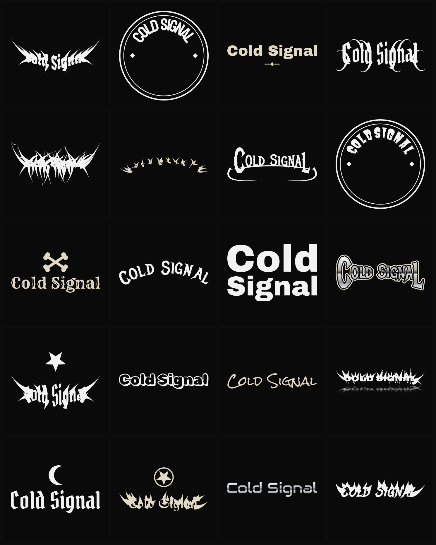 Twenty Cold Signal band logo ideas — different faces, treatments and spike settings
