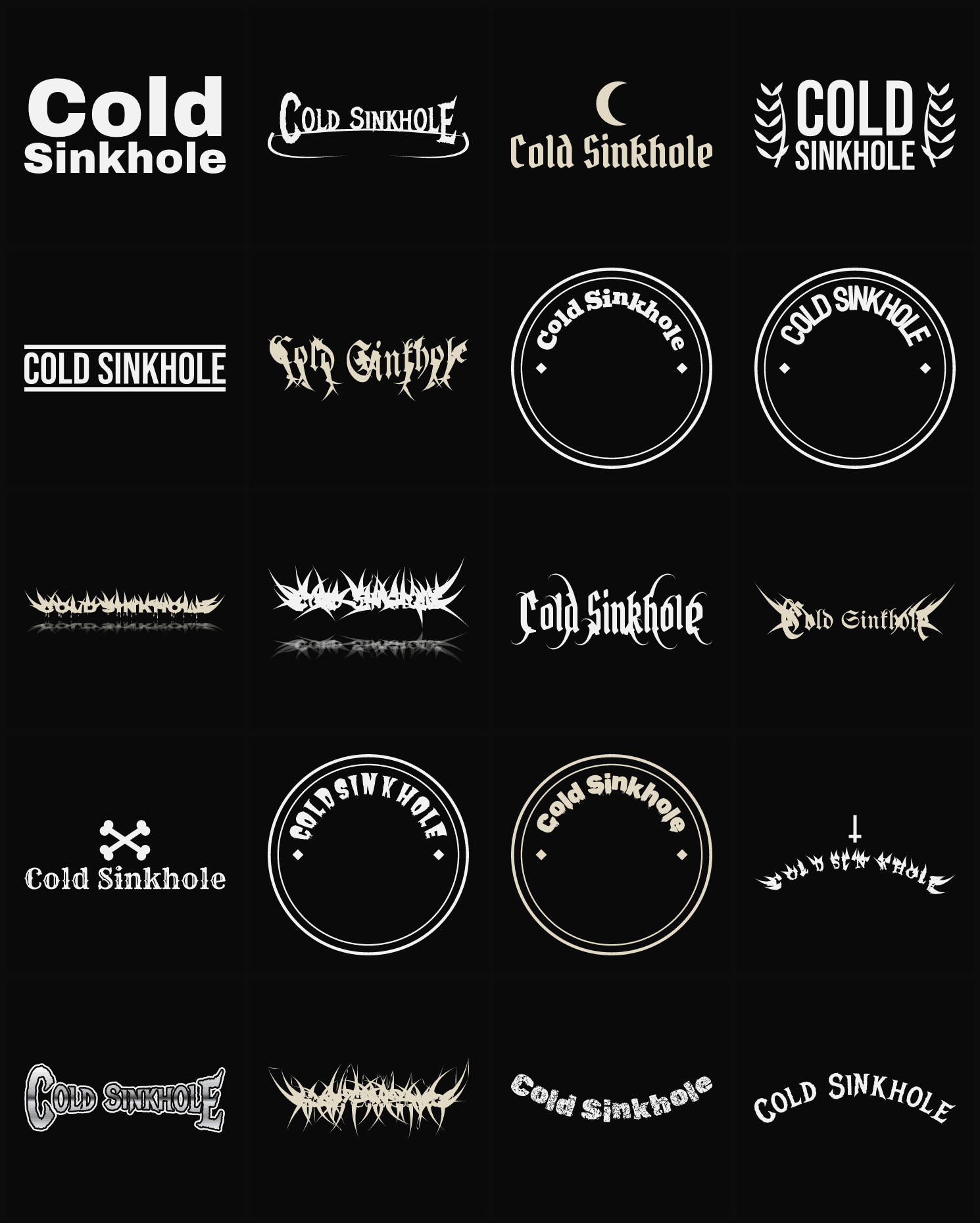 Twenty Cold Sinkhole band logo ideas — different faces, treatments and spike settings