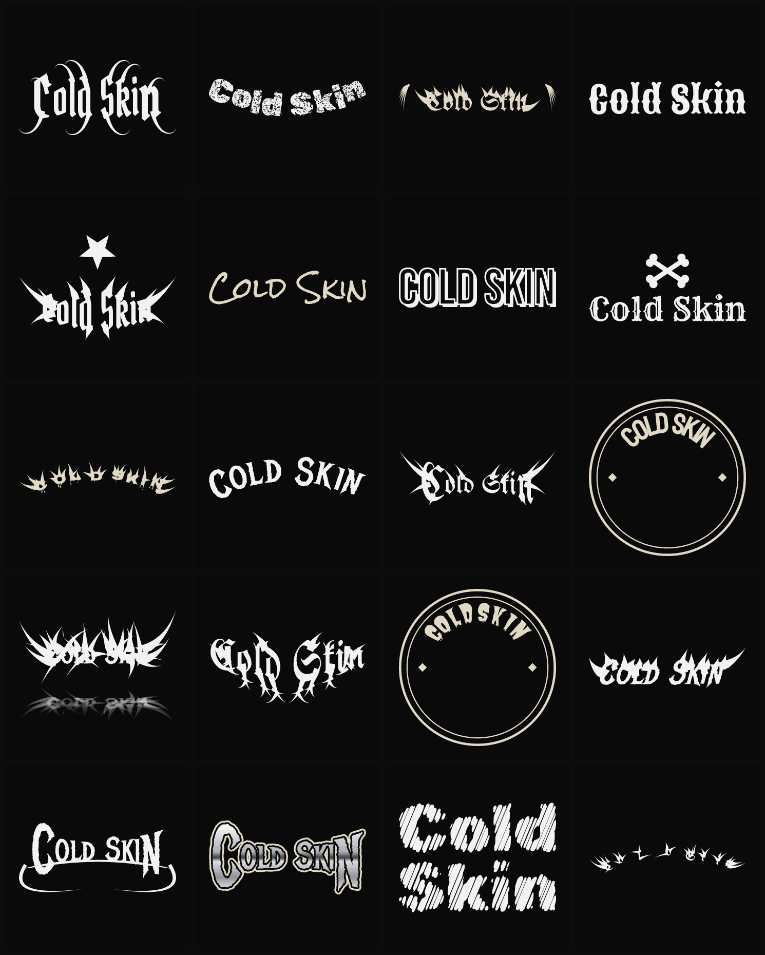 Twenty Cold Skin band logo ideas — different faces, treatments and spike settings