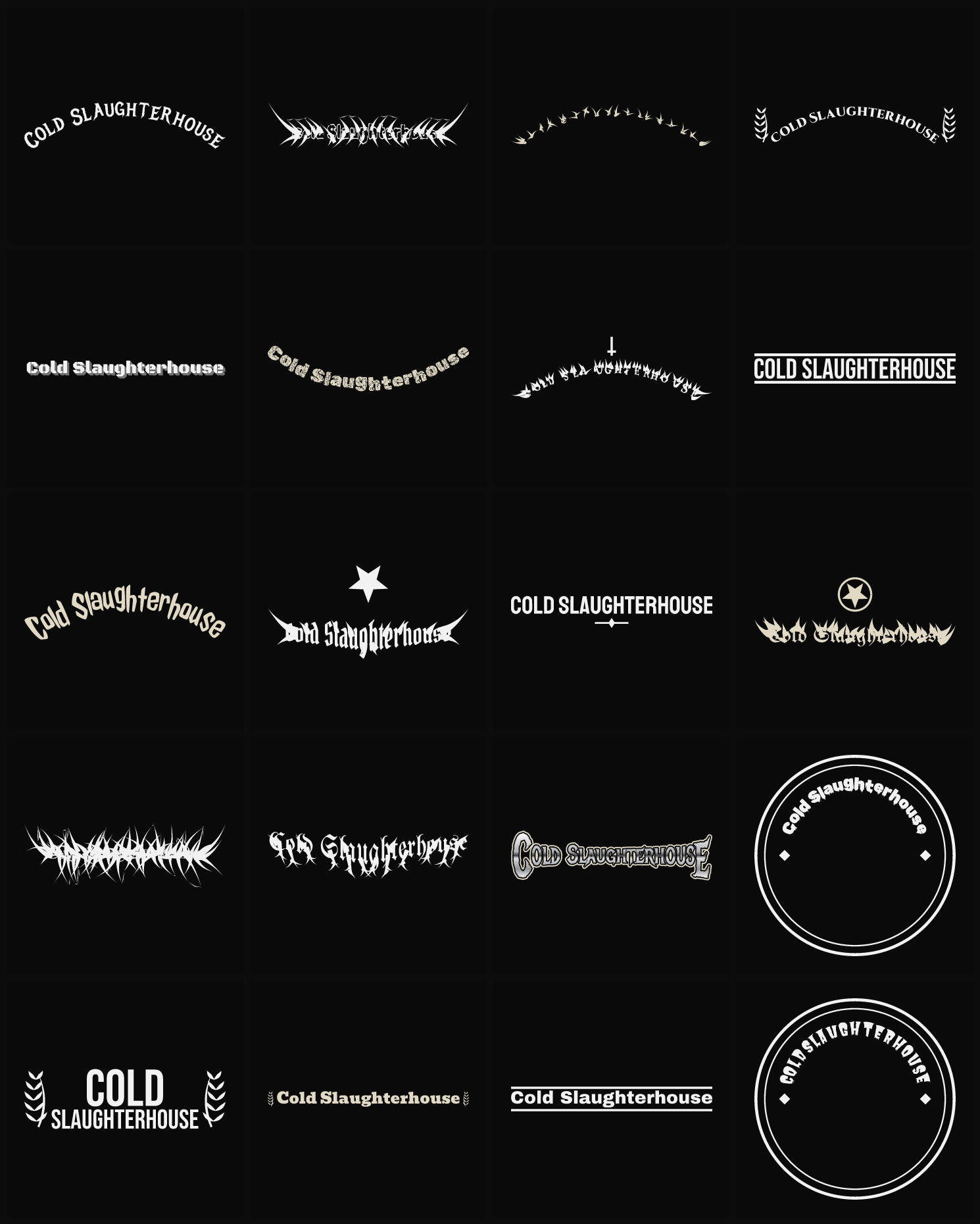 Twenty Cold Slaughterhouse band logo ideas — different faces, treatments and spike settings