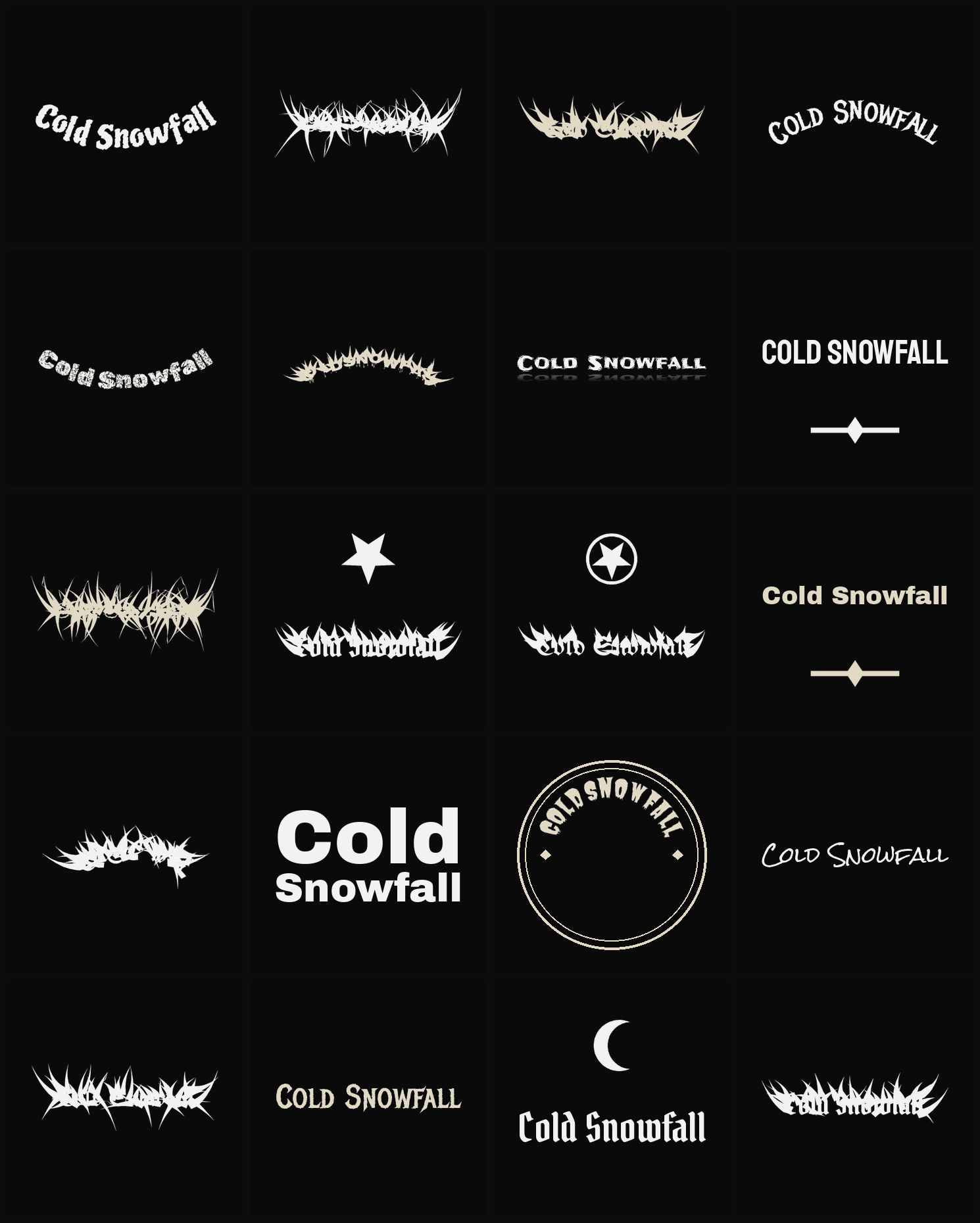 Twenty Cold Snowfall band logo ideas — different faces, treatments and spike settings