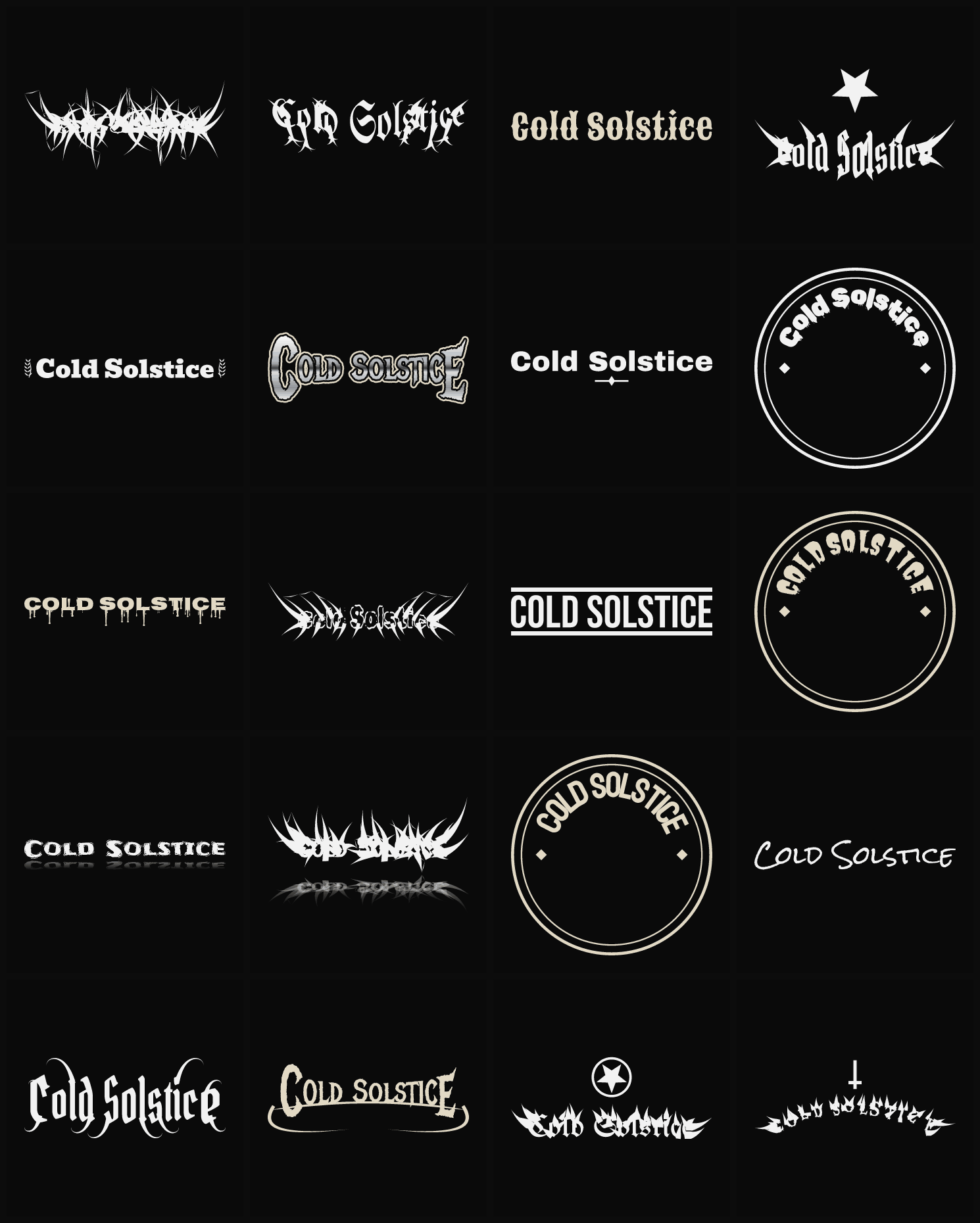 Twenty Cold Solstice band logo ideas — different faces, treatments and spike settings