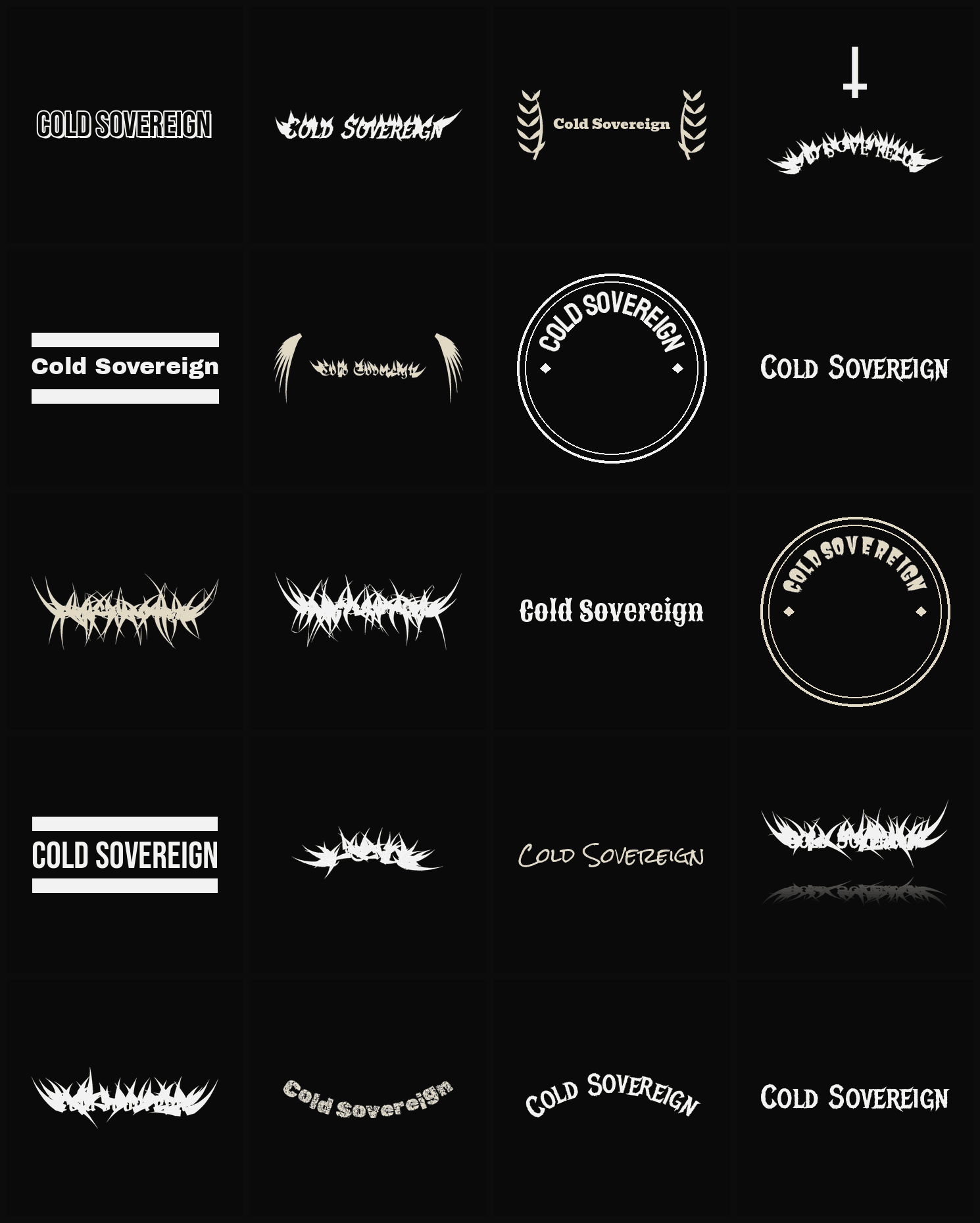 Twenty Cold Sovereign band logo ideas — different faces, treatments and spike settings