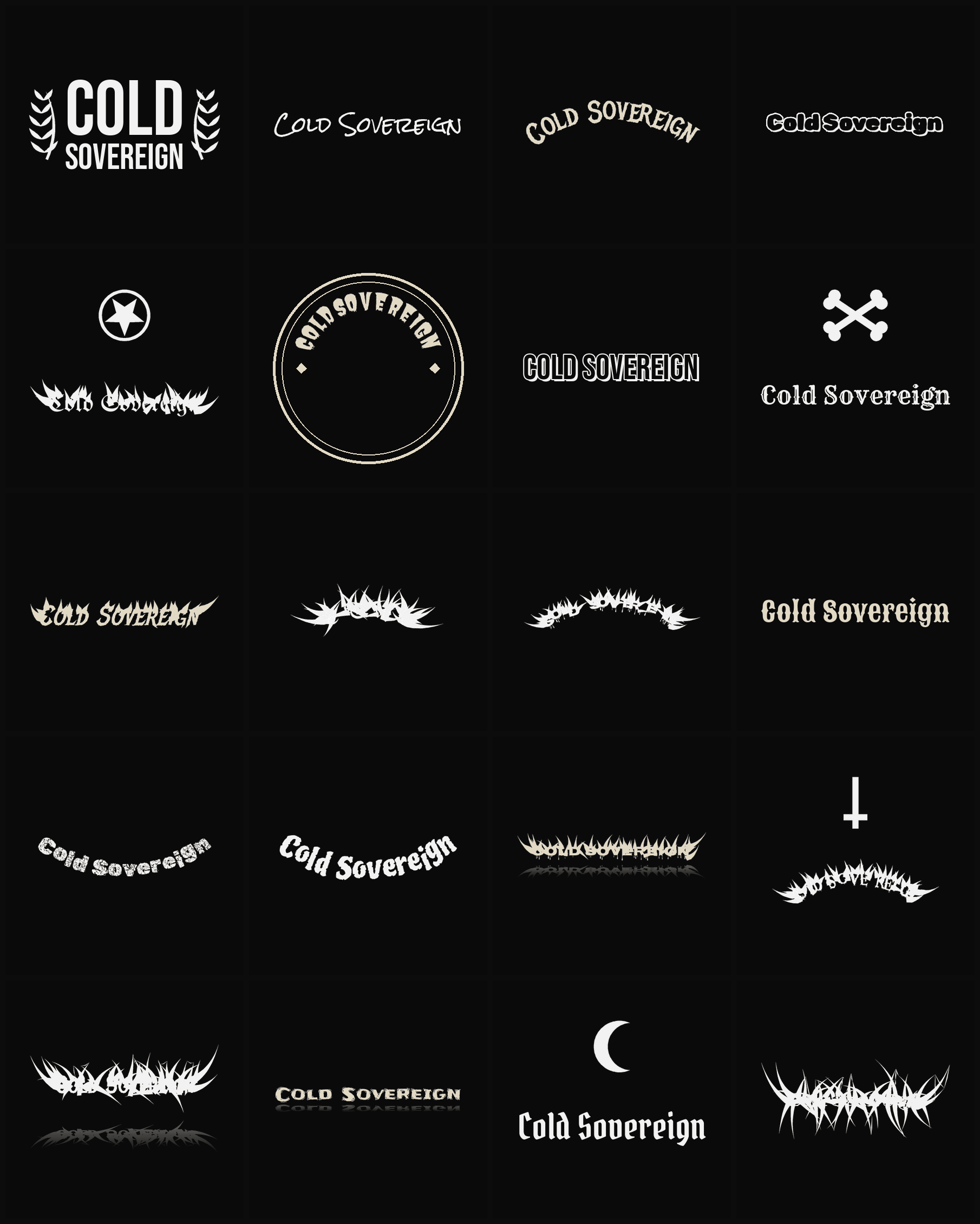 Twenty Cold Sovereign band logo ideas — different faces, treatments and spike settings