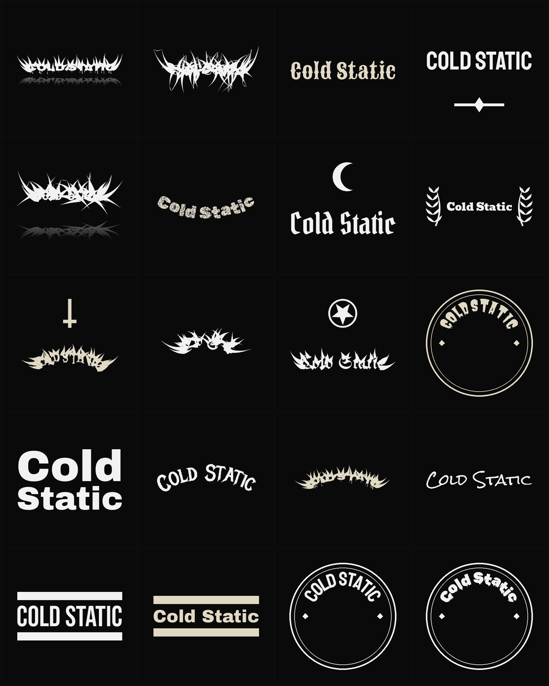 Twenty Cold Static band logo ideas — different faces, treatments and spike settings