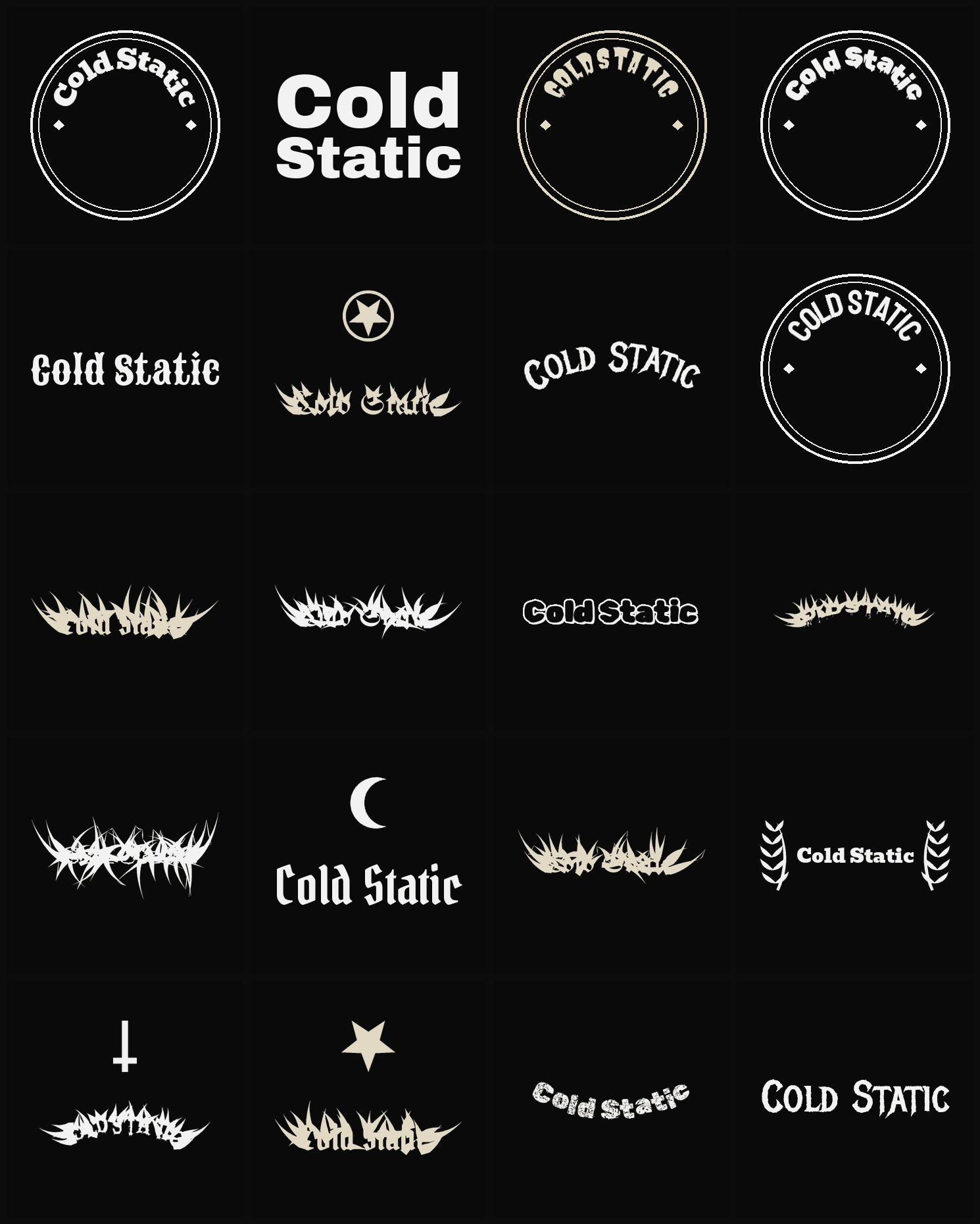Twenty Cold Static band logo ideas — different faces, treatments and spike settings