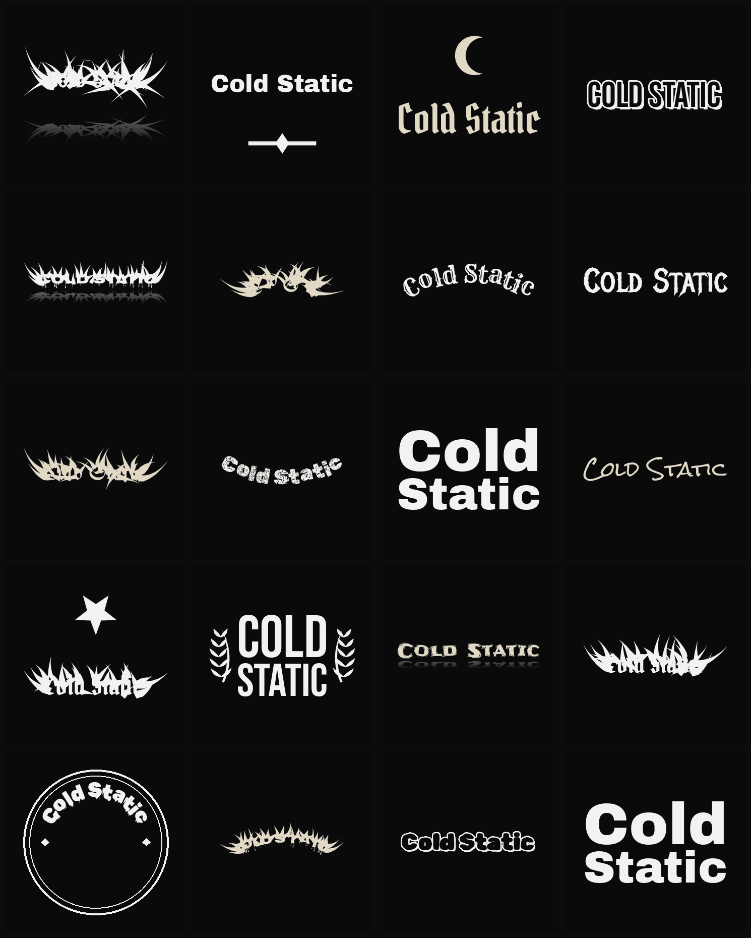 Twenty Cold Static band logo ideas — different faces, treatments and spike settings
