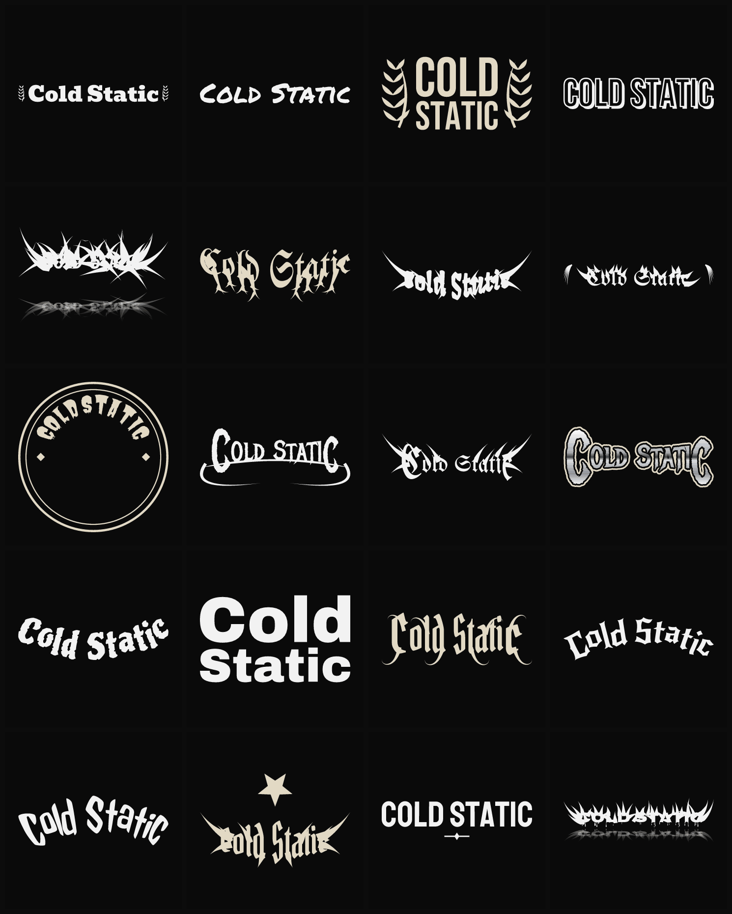 Twenty Cold Static band logo ideas — different faces, treatments and spike settings