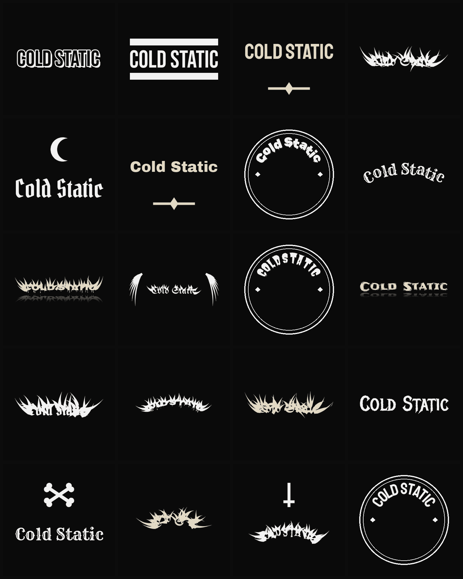 Twenty Cold Static band logo ideas — different faces, treatments and spike settings