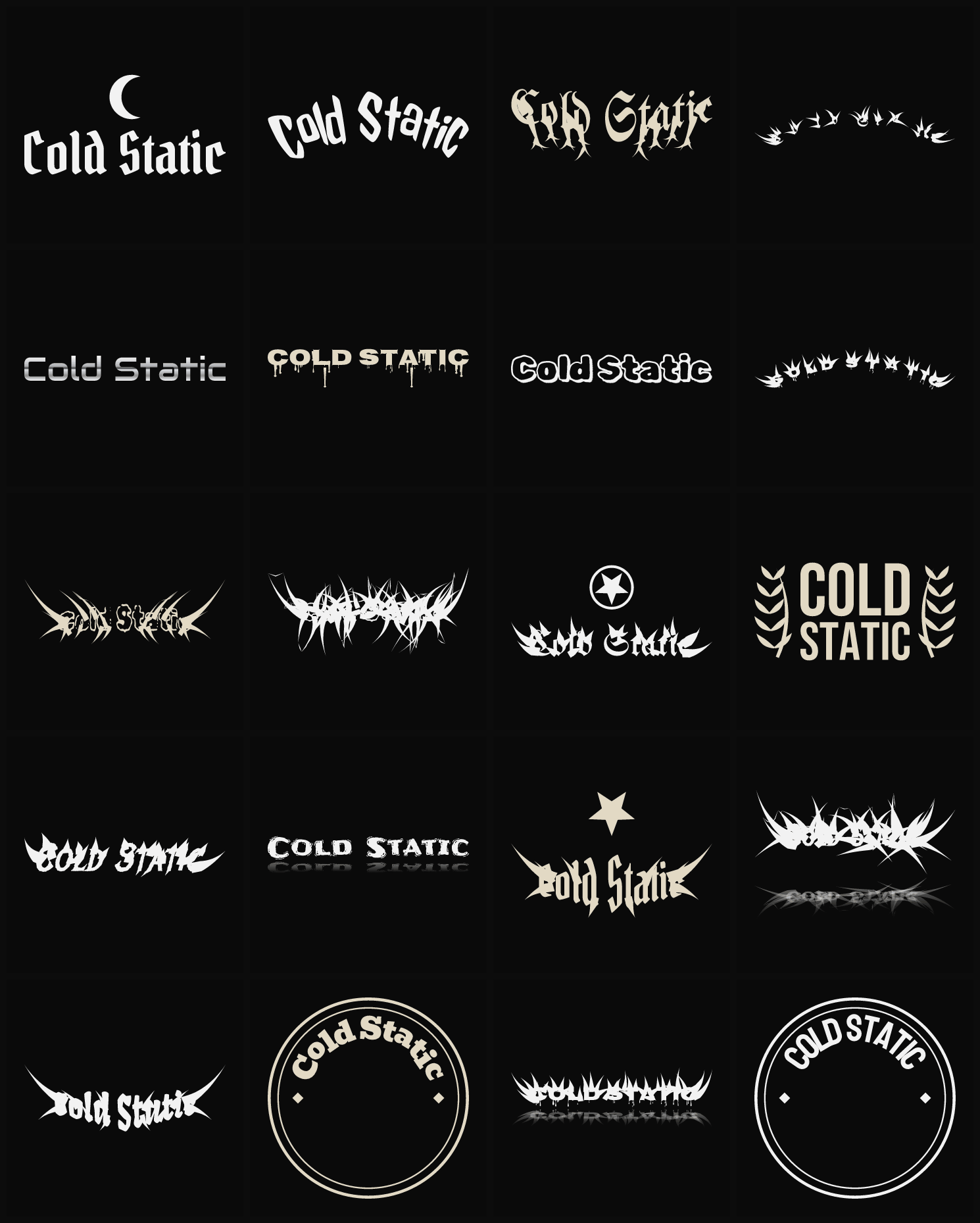Twenty Cold Static band logo ideas — different faces, treatments and spike settings