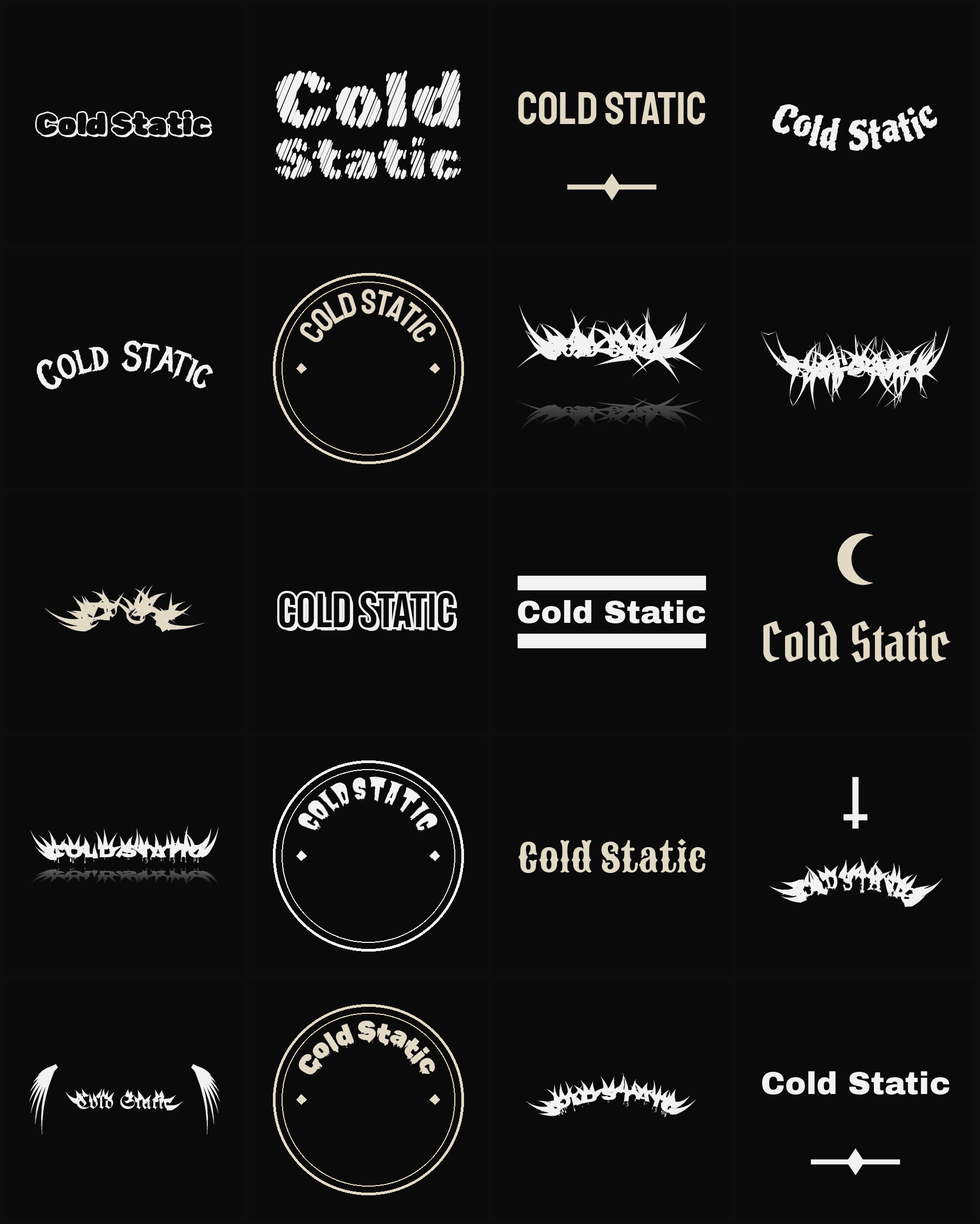 Twenty Cold Static band logo ideas — different faces, treatments and spike settings