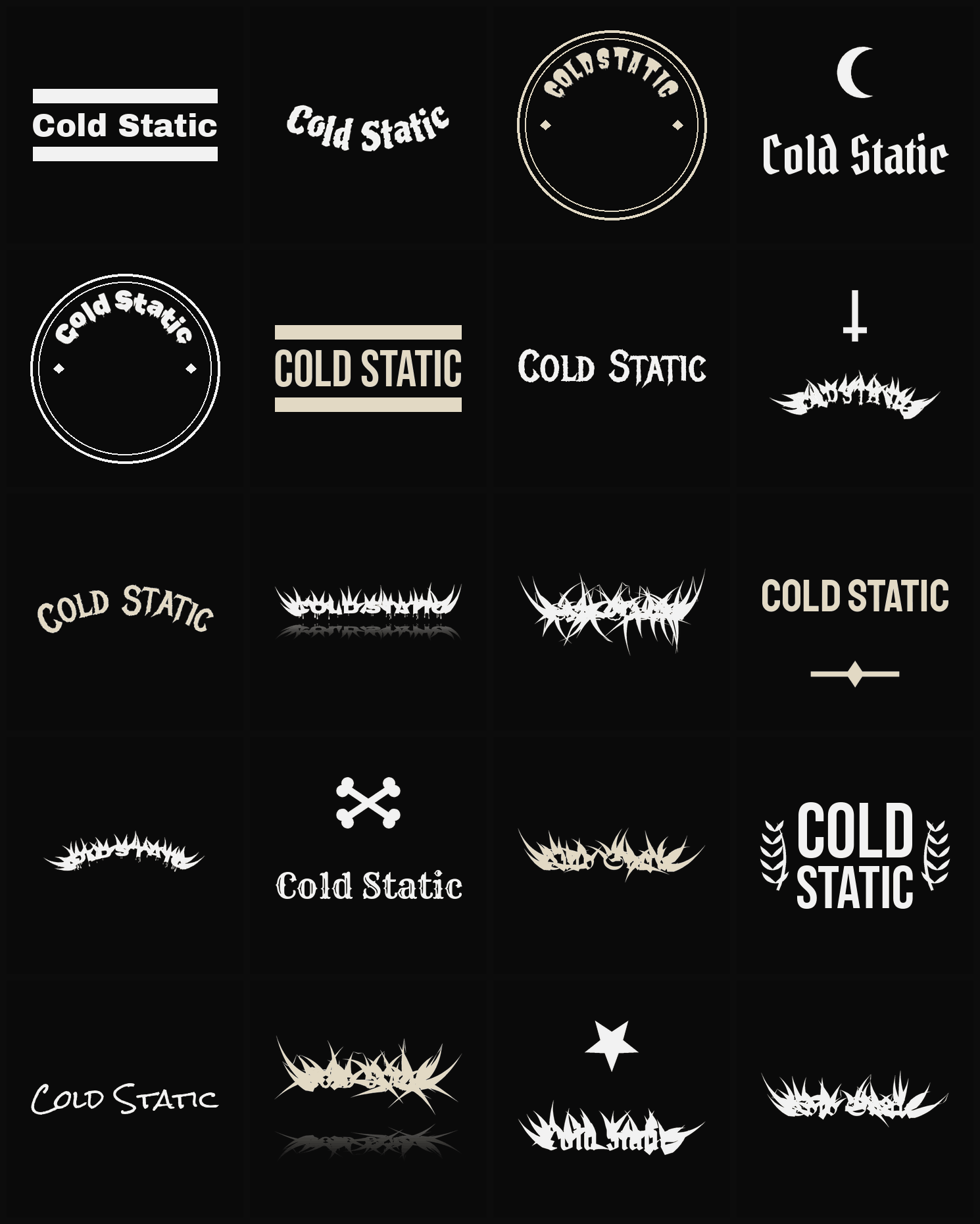 Twenty Cold Static band logo ideas — different faces, treatments and spike settings