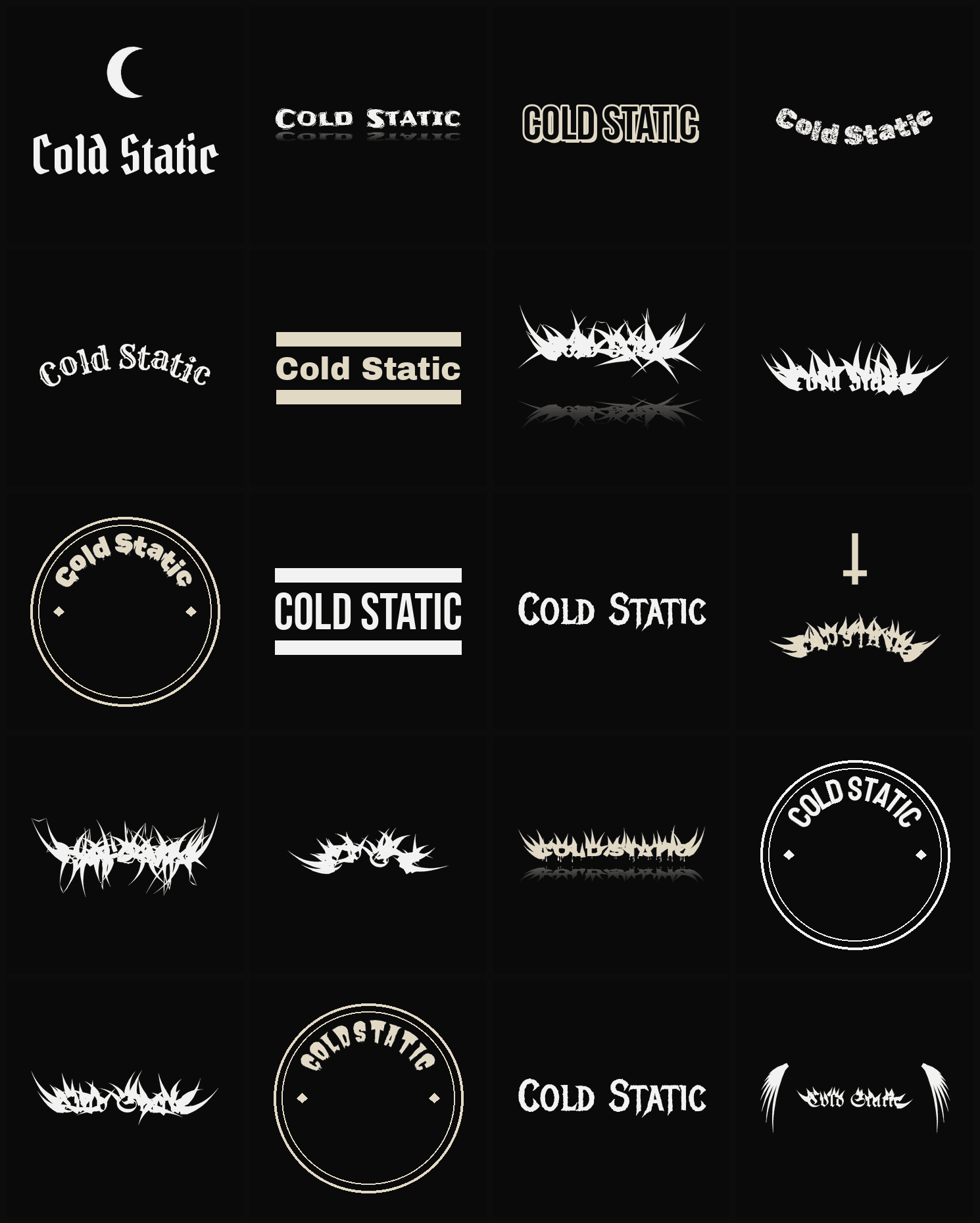 Twenty Cold Static band logo ideas — different faces, treatments and spike settings