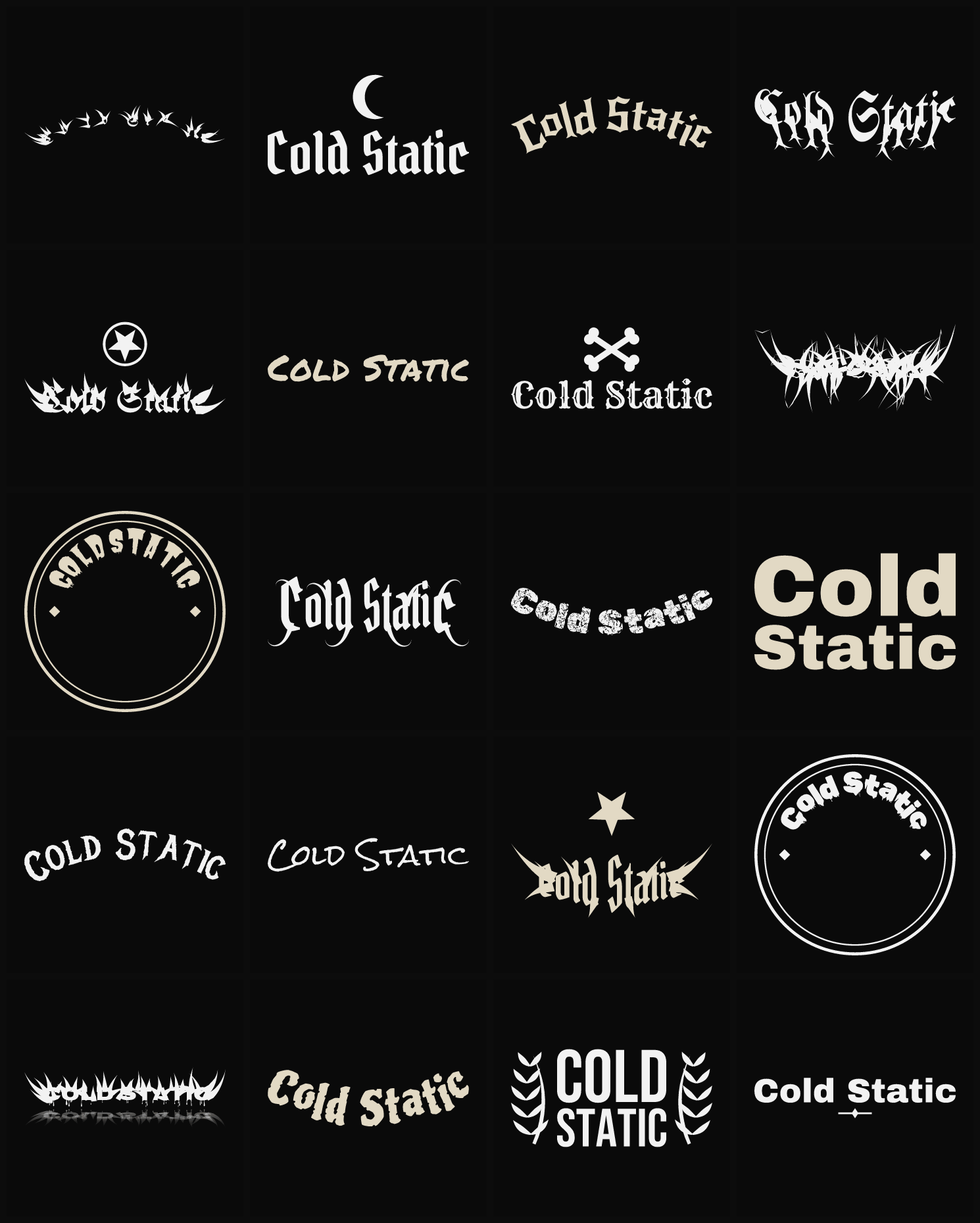 Twenty Cold Static band logo ideas — different faces, treatments and spike settings