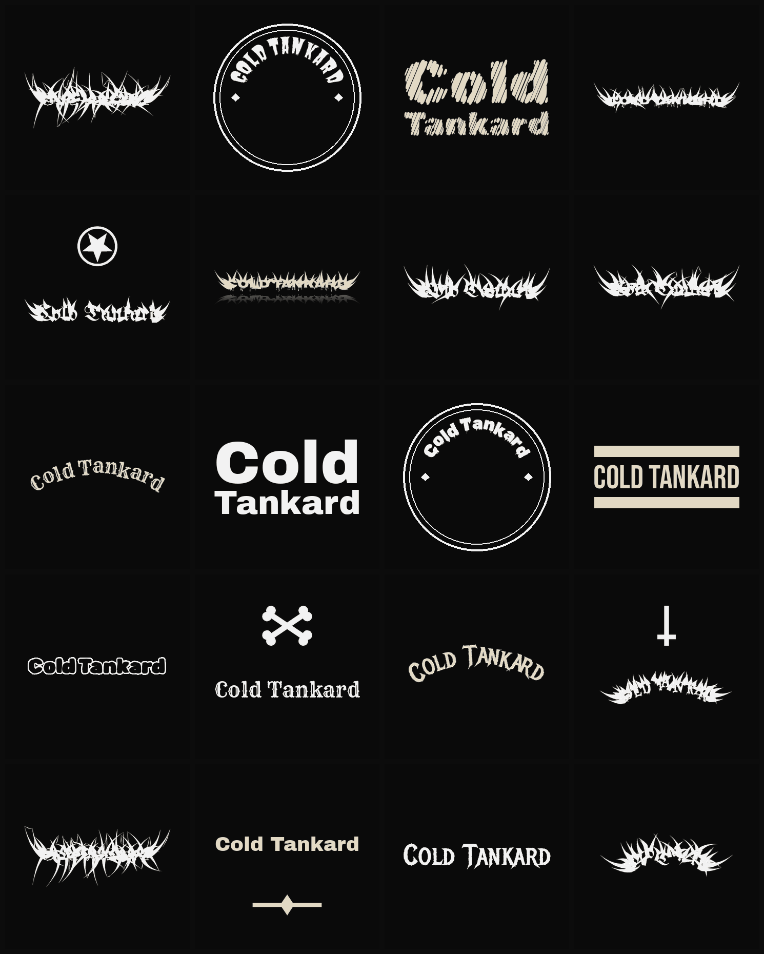 Twenty Cold Tankard band logo ideas — different faces, treatments and spike settings