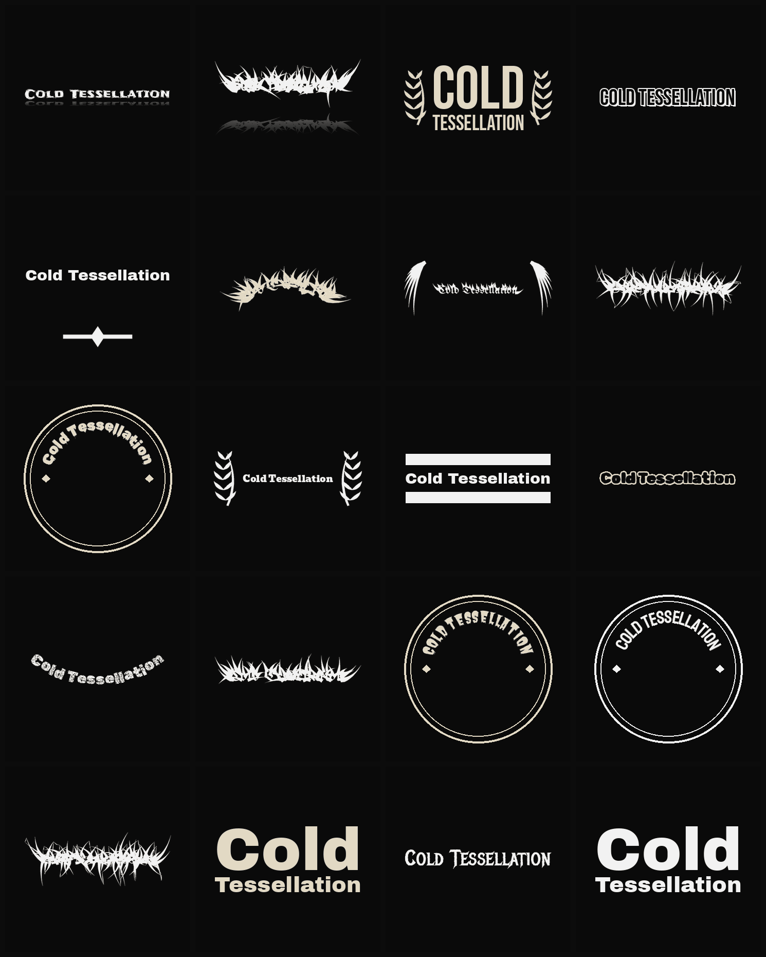 Twenty Cold Tessellation band logo ideas — different faces, treatments and spike settings