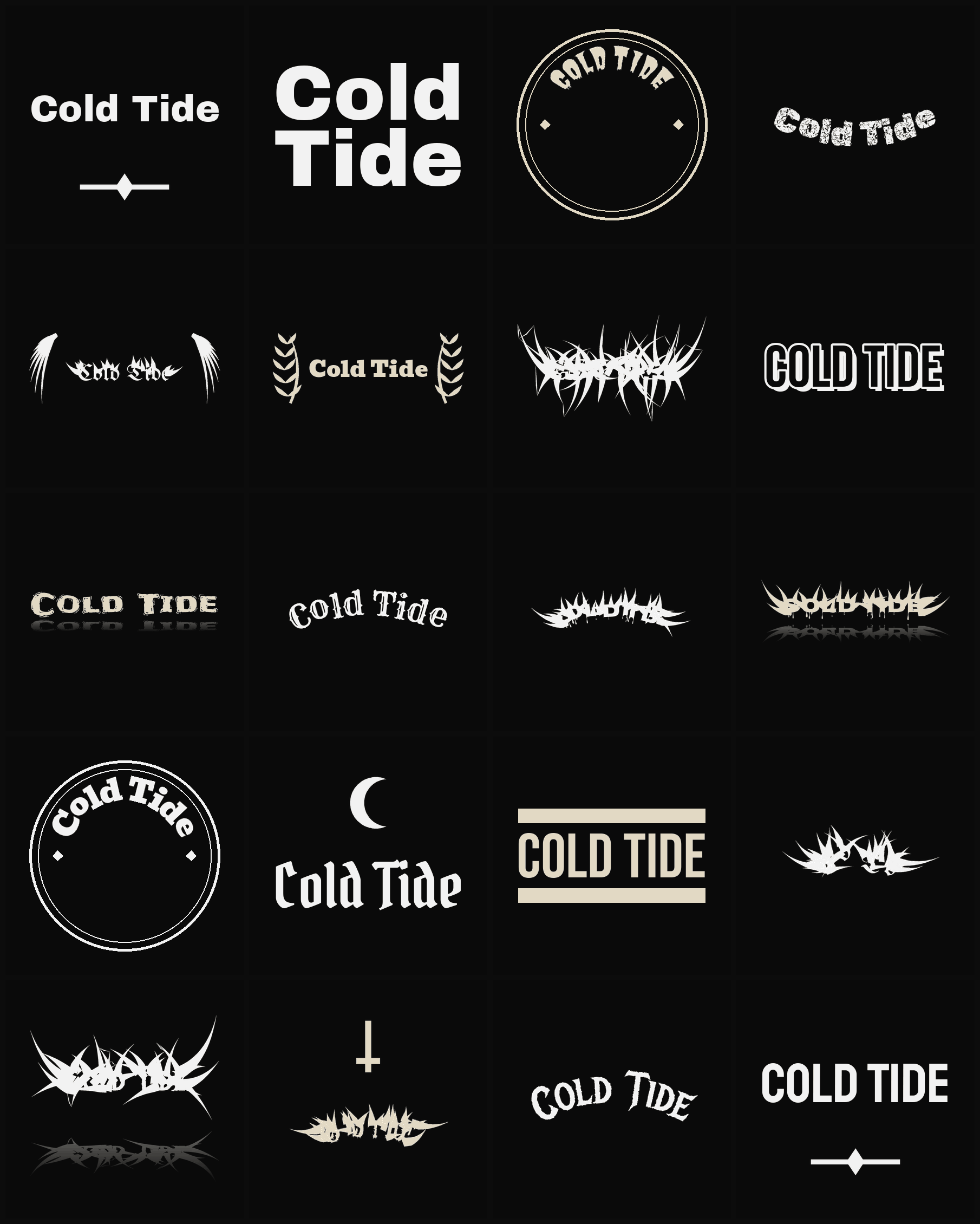 Twenty Cold Tide band logo ideas — different faces, treatments and spike settings