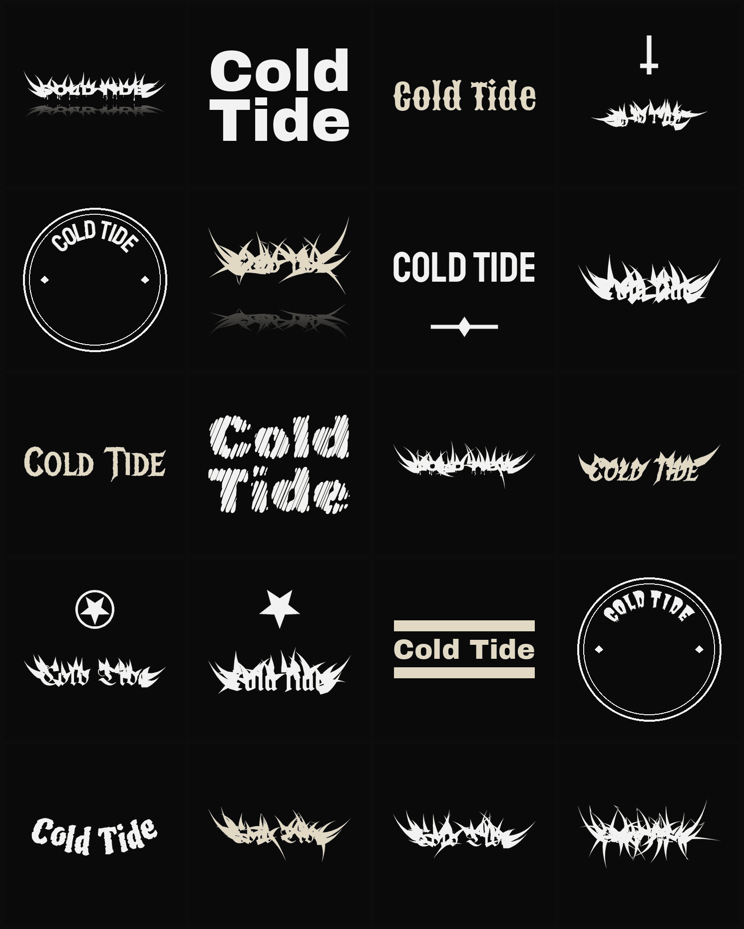 Twenty Cold Tide band logo ideas — different faces, treatments and spike settings