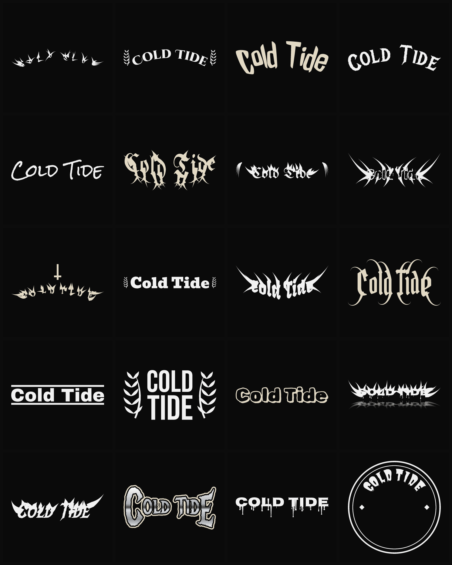 Twenty Cold Tide band logo ideas — different faces, treatments and spike settings