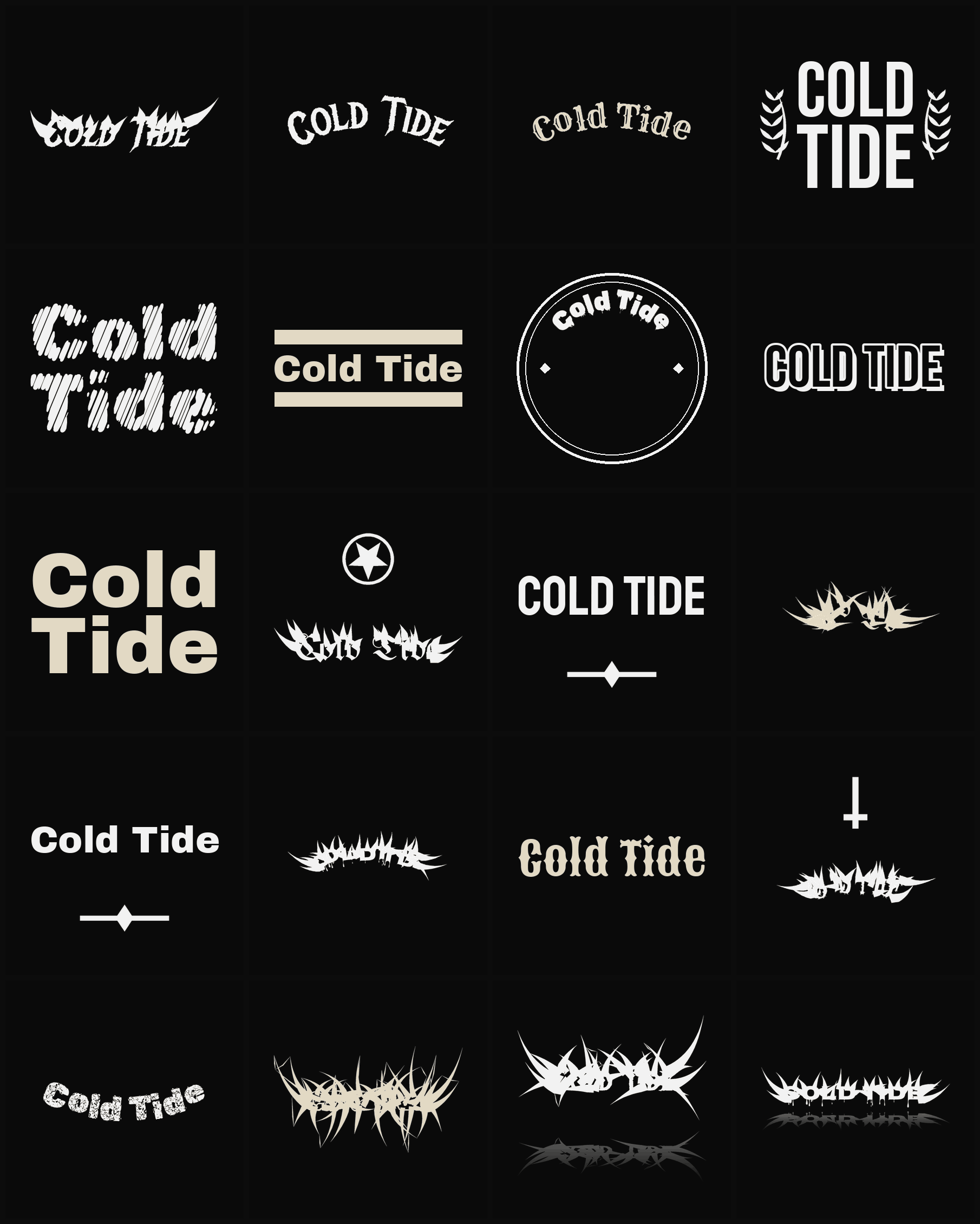 Twenty Cold Tide band logo ideas — different faces, treatments and spike settings