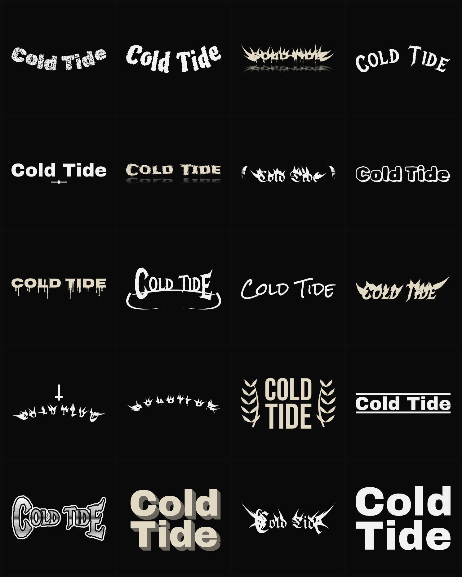 Twenty Cold Tide band logo ideas — different faces, treatments and spike settings