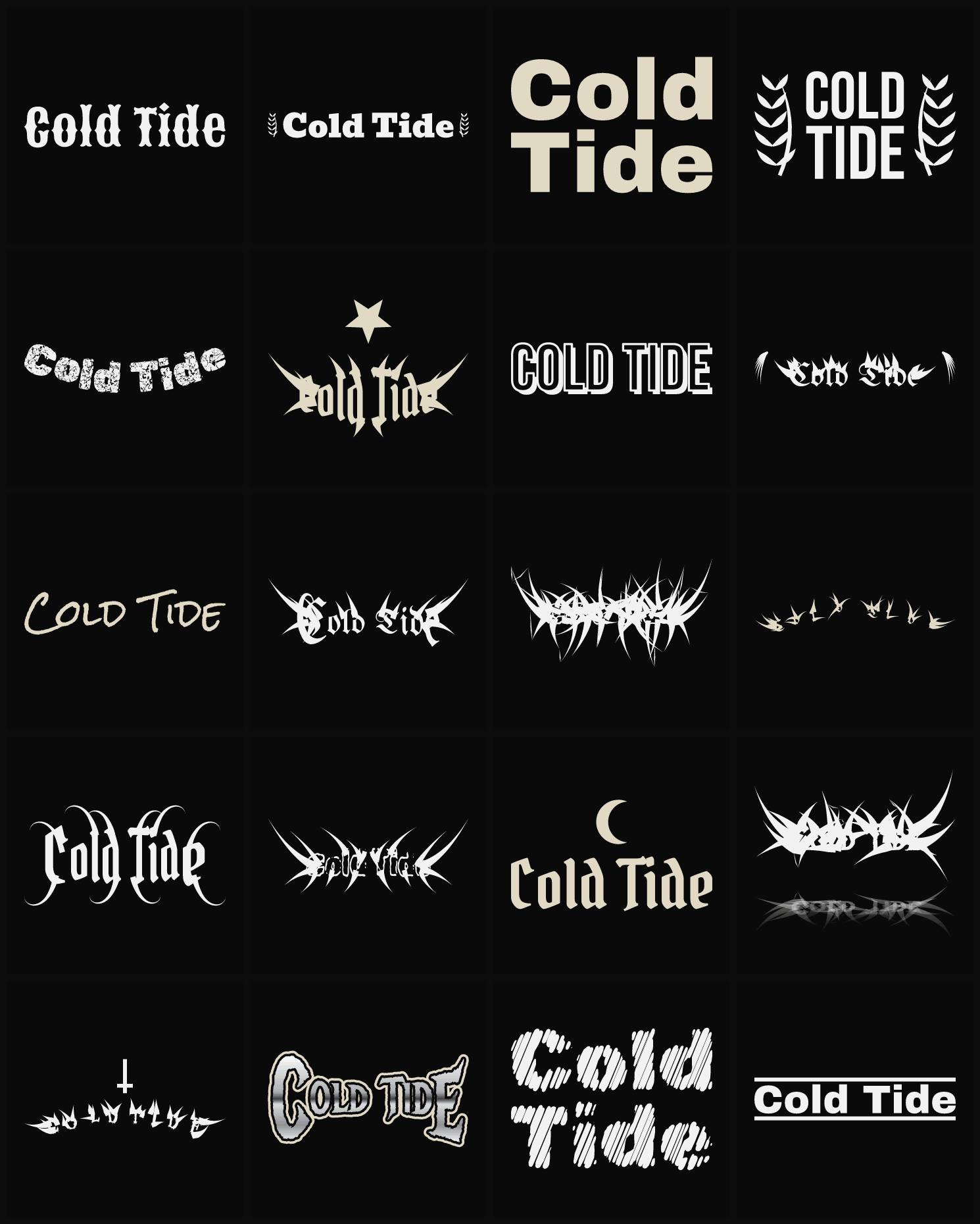 Twenty Cold Tide band logo ideas — different faces, treatments and spike settings